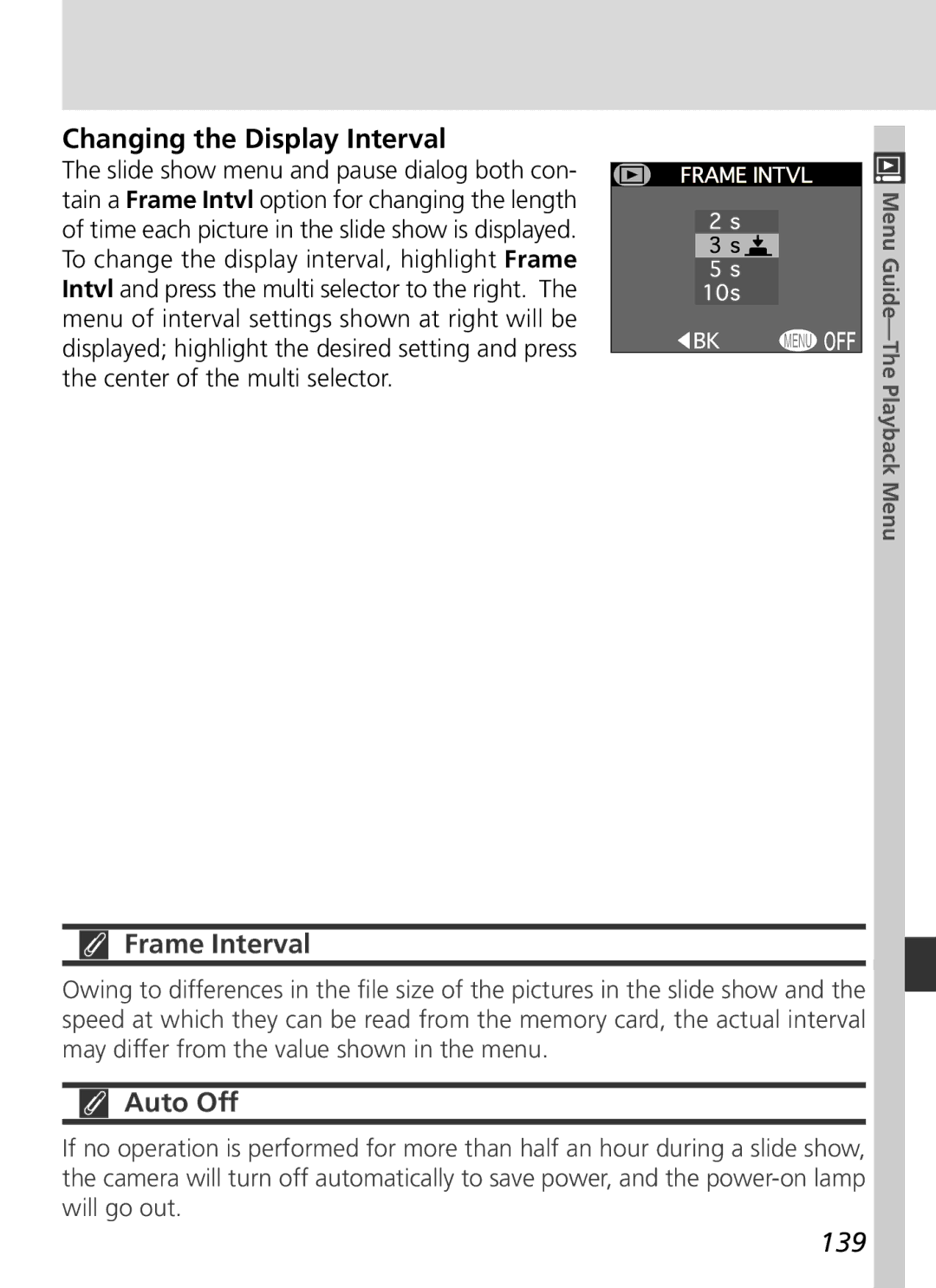 Nikon S2H05000501 manual Changing the Display Interval, Frame Interval, Auto Off, 139 