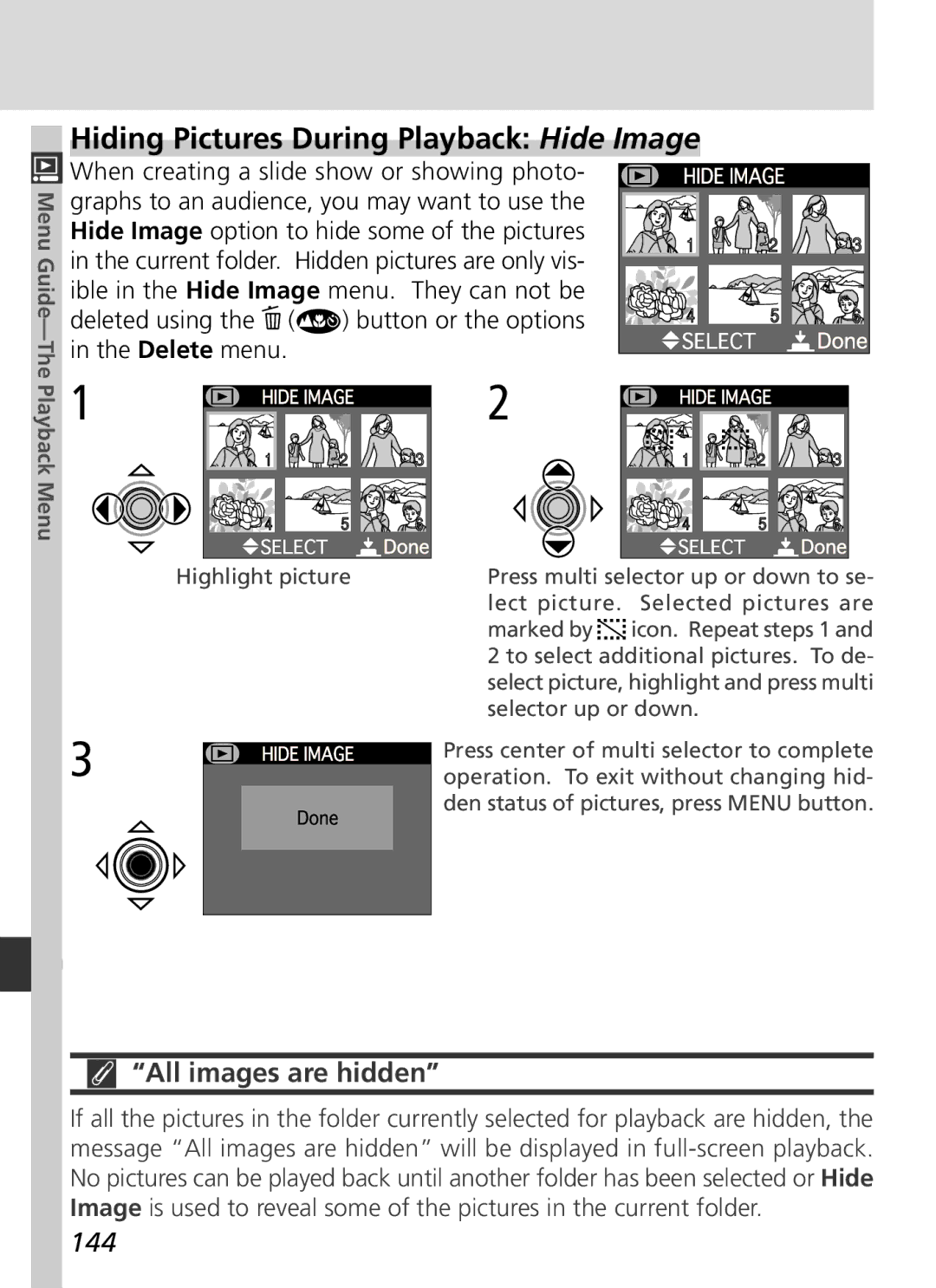 Nikon S2H05000501 manual Hiding Pictures During Playback Hide Image, All images are hidden, 144 