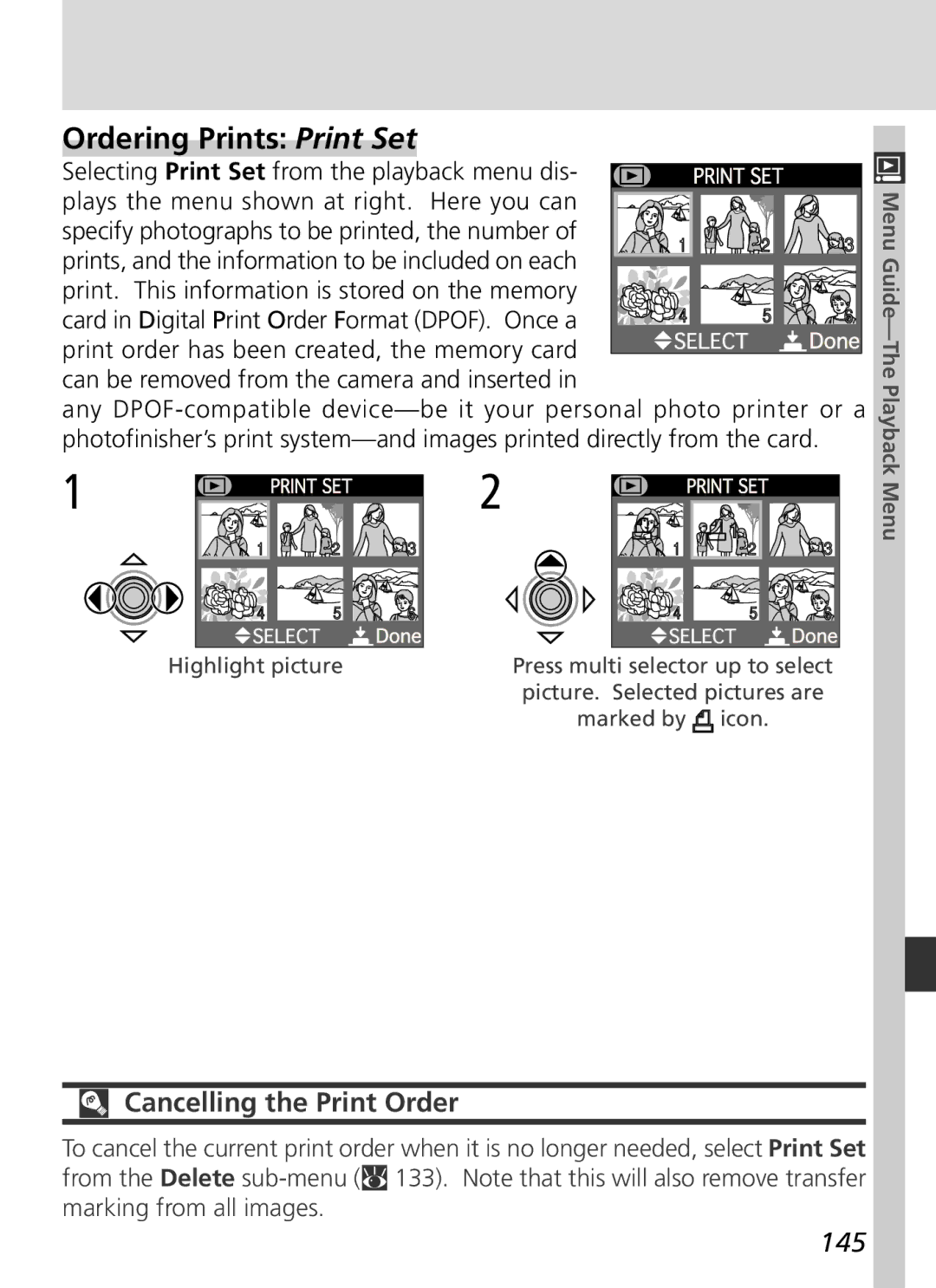 Nikon S2H05000501 manual Ordering Prints Print Set, Cancelling the Print Order, 145 