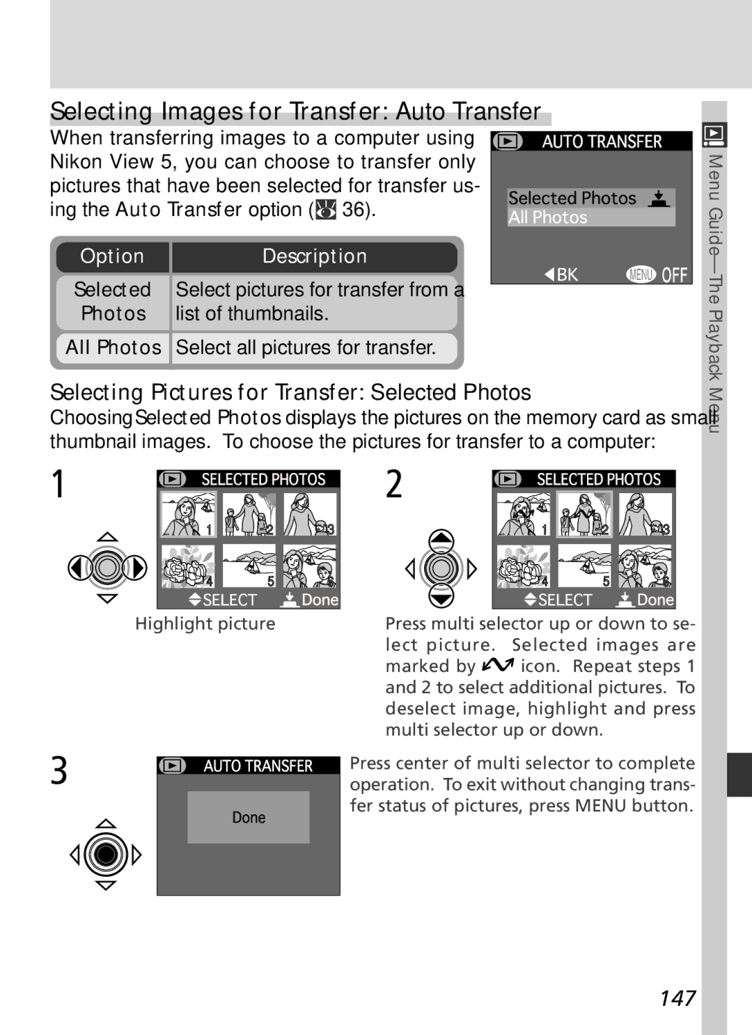 Nikon S2H05000501 manual Selecting Images for Transfer Auto Transfer, Selecting Pictures for Transfer Selected Photos, 147 