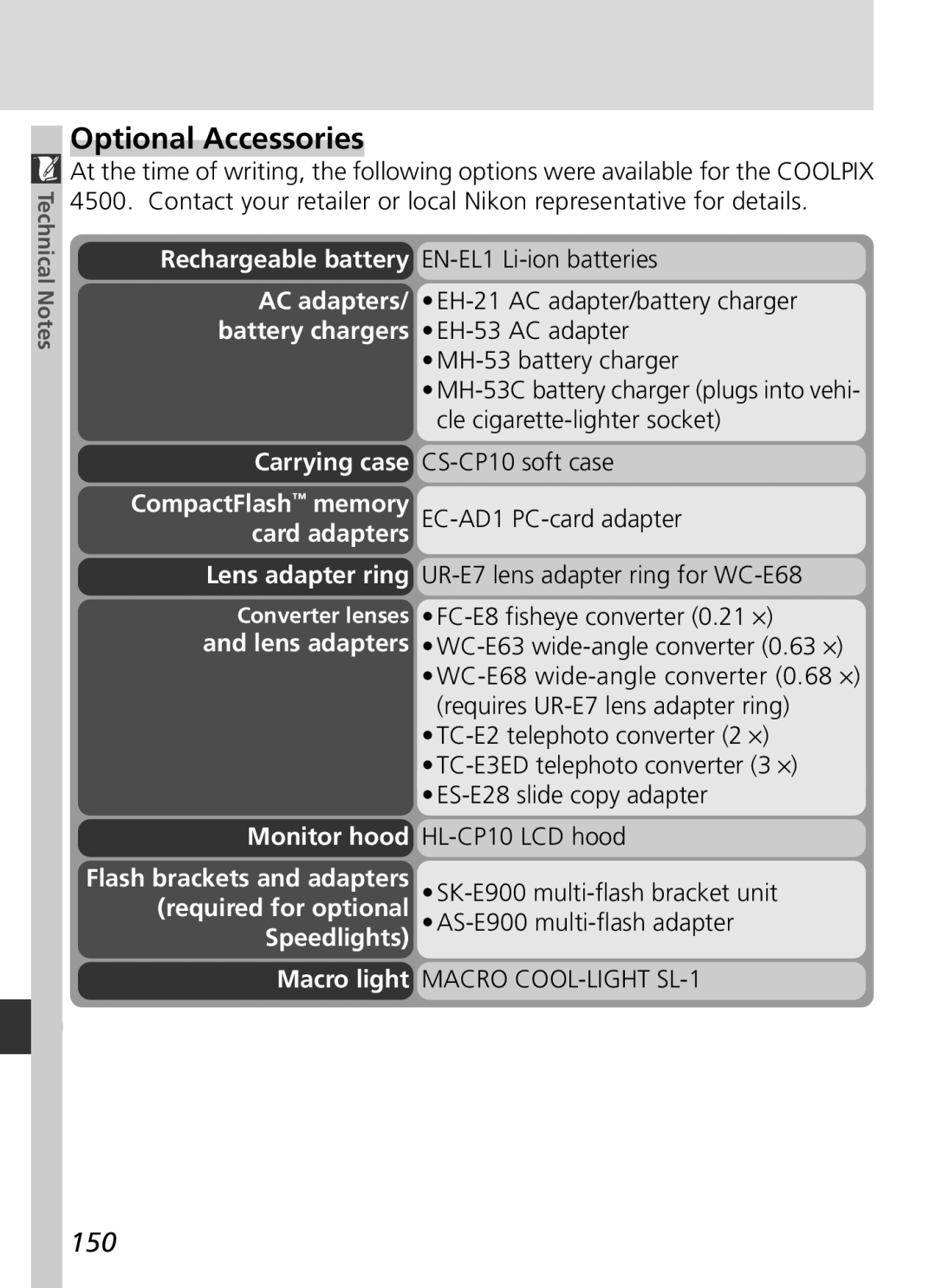 Nikon S2H05000501 manual Optional Accessories, 150, Rechargeable battery EN-EL1 Li-ion batteries, Carrying case 