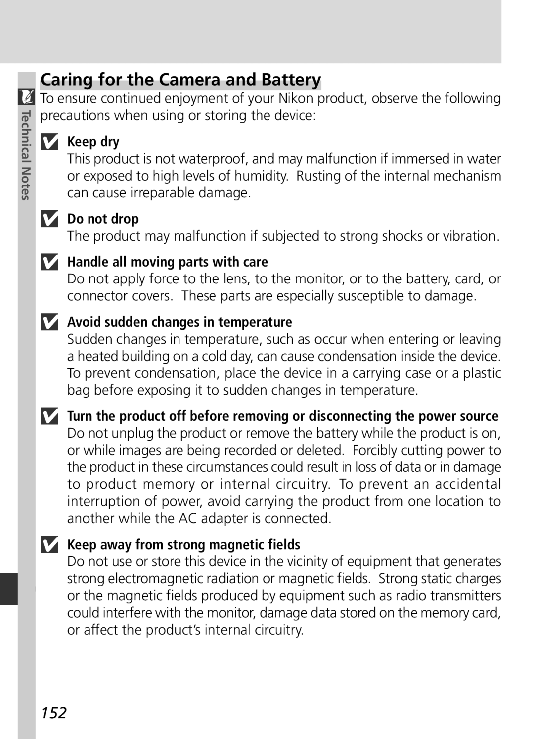 Nikon S2H05000501 manual Caring for the Camera and Battery, 152 