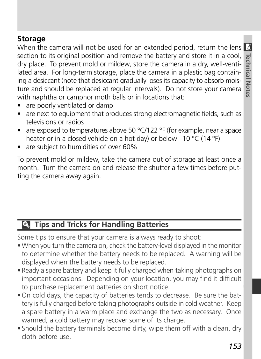 Nikon S2H05000501 manual Storage, Tips and Tricks for Handling Batteries, 153 