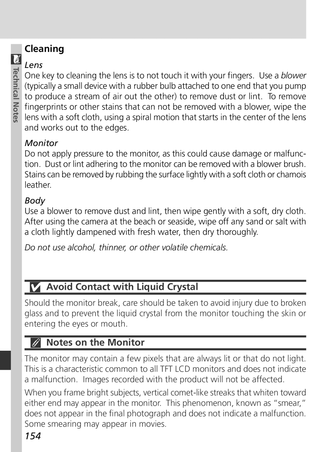 Nikon S2H05000501 manual Cleaning, Avoid Contact with Liquid Crystal, 154 
