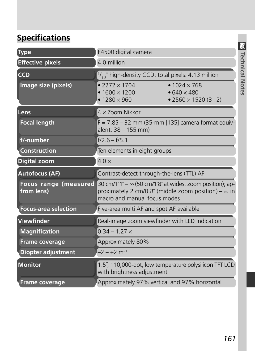 Nikon S2H05000501 manual Specifications, 161 