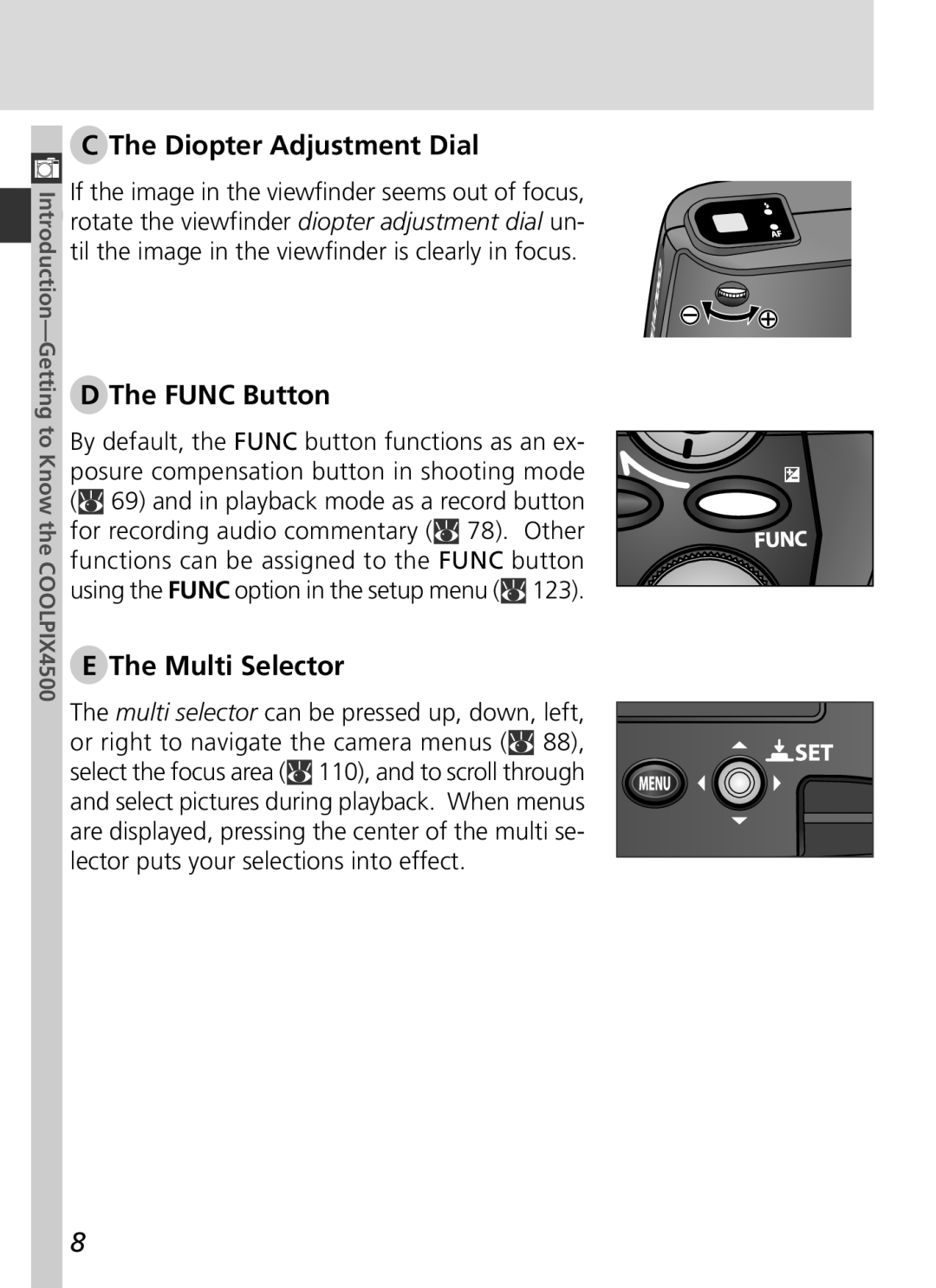 Nikon S2H05000501 manual Diopter Adjustment Dial, Func Button, Multi Selector 