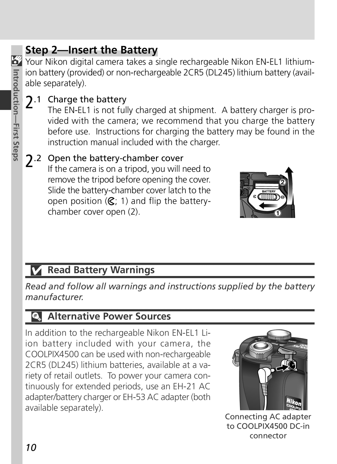 Nikon S2H05000501 manual Insert the Battery, Read Battery Warnings, Alternative Power Sources 