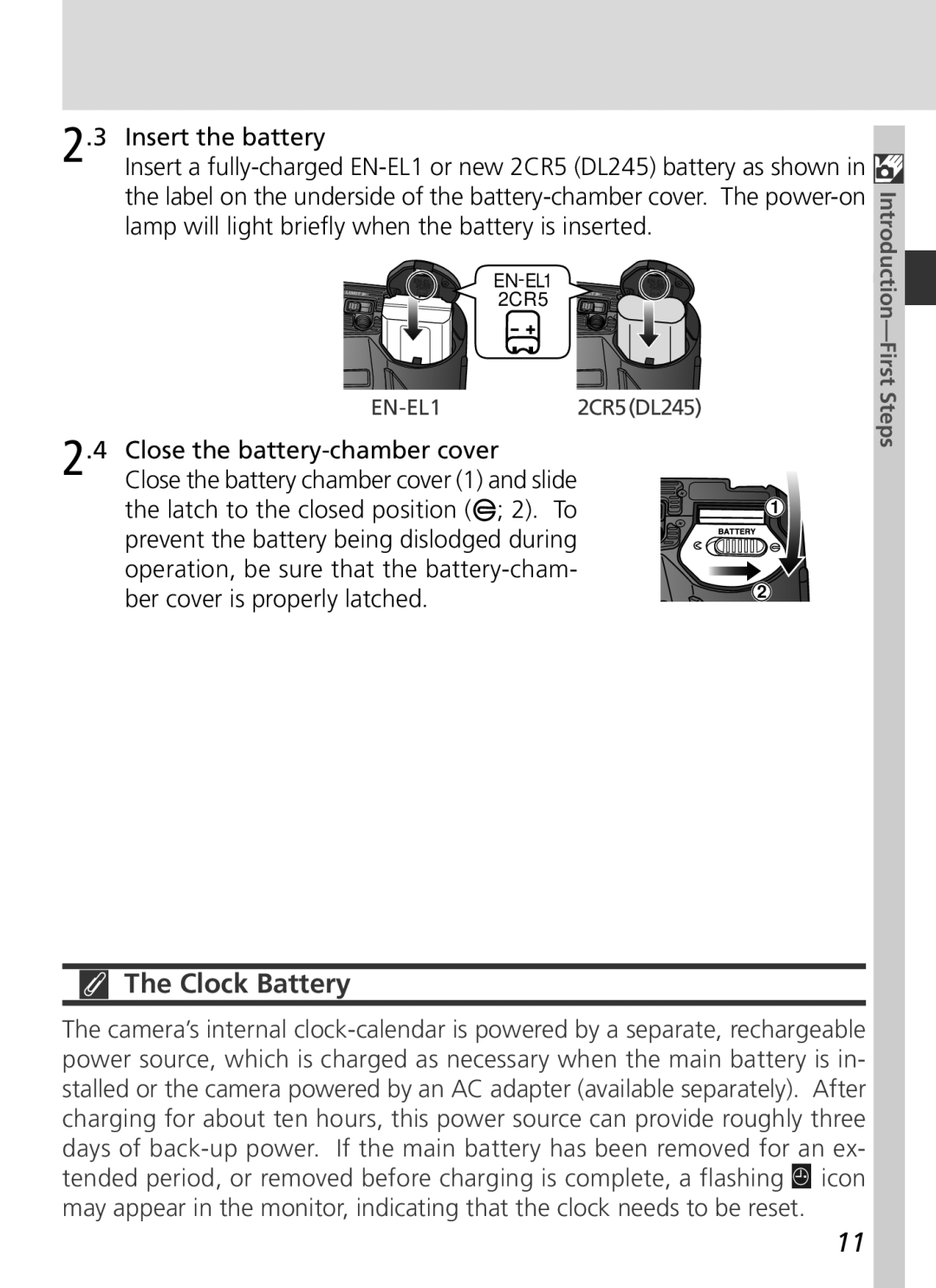 Nikon S2H05000501 manual Clock Battery, Close the battery-chamber cover 