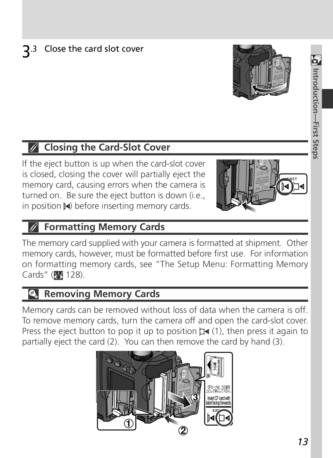 Nikon S2H05000501 Closing the Card-Slot Cover, Formatting Memory Cards, Removing Memory Cards, Close the card slot cover 