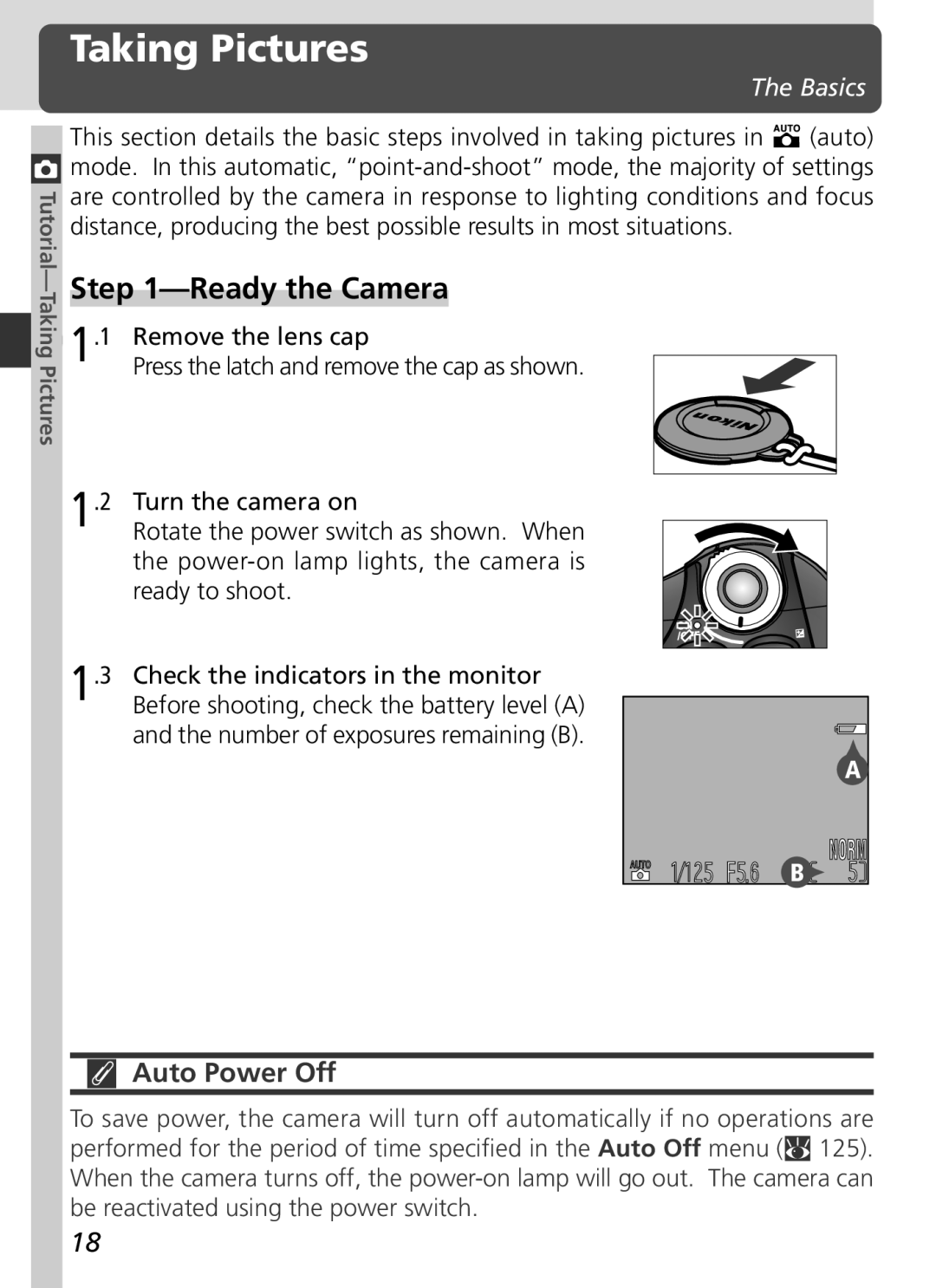 Nikon S2H05000501 manual Taking Pictures, Ready the Camera, Auto Power Off, Basics 