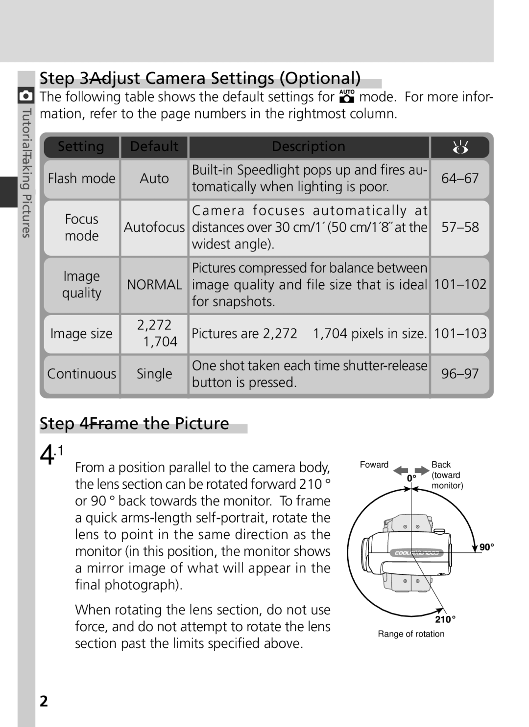 Nikon S2H05000501 manual Adjust Camera Settings Optional, Frame the Picture, Default, Description 