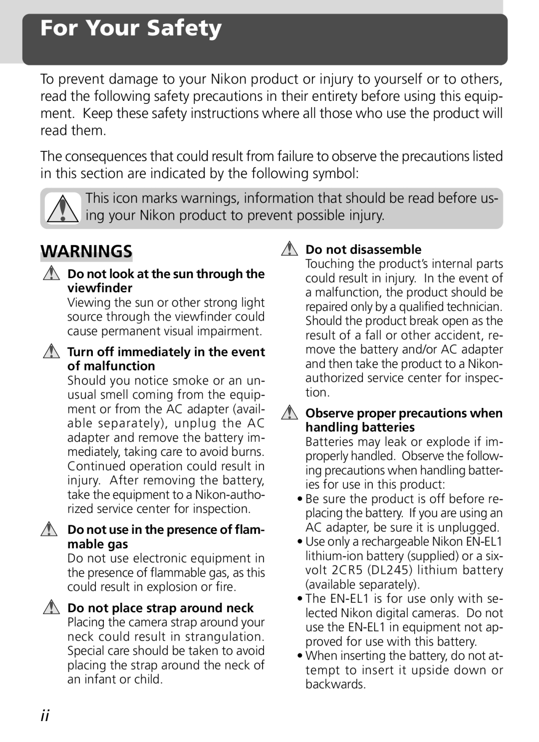 Nikon S2H05000501 manual For Your Safety, Do not look at the sun through the viewfinder 