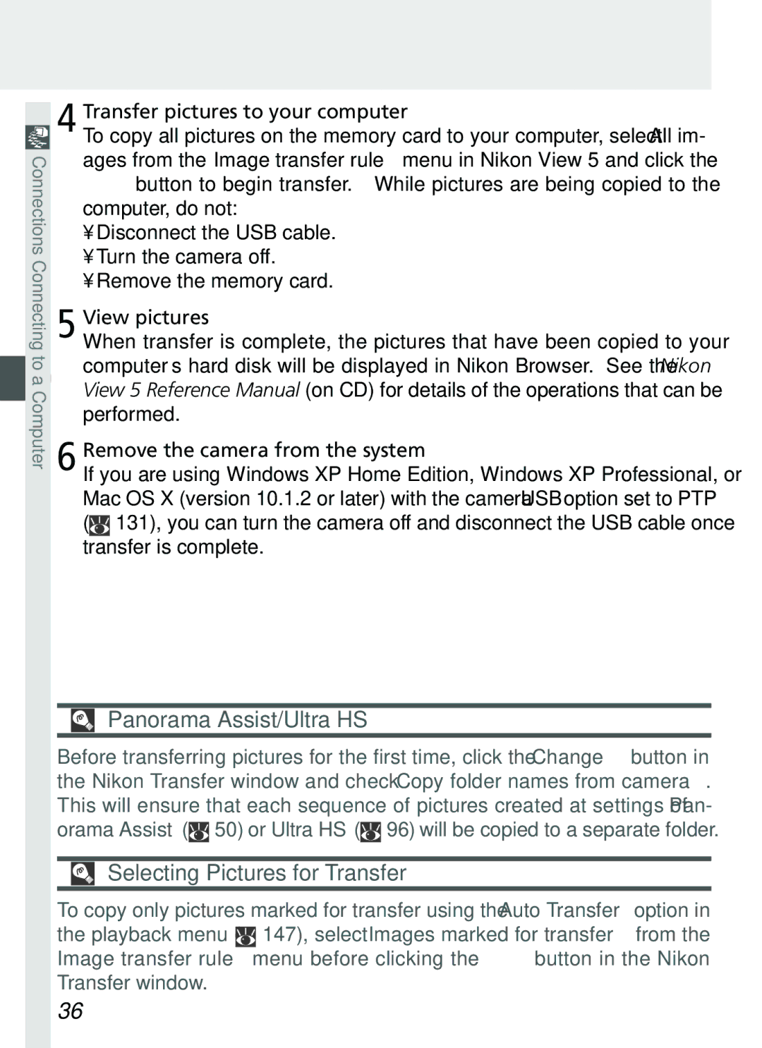 Nikon S2H05000501 manual Panorama Assist/Ultra HS, Selecting Pictures for Transfer 