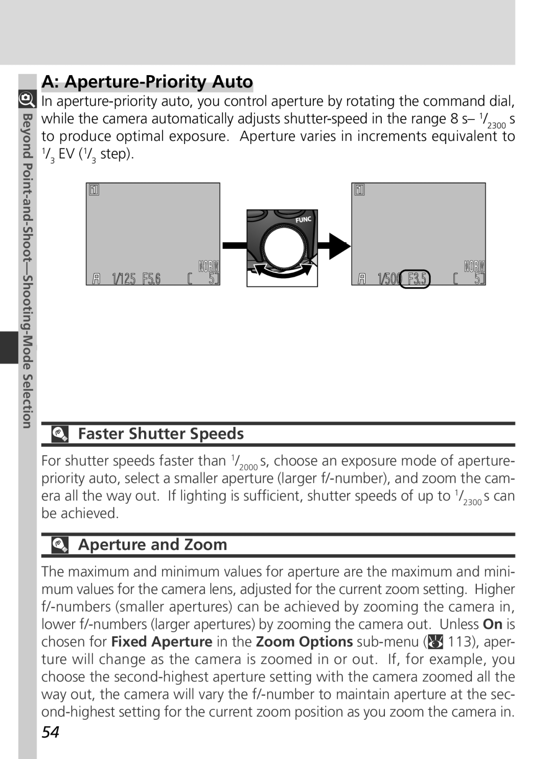 Nikon S2H05000501 manual Aperture-Priority Auto, Faster Shutter Speeds, Aperture and Zoom 