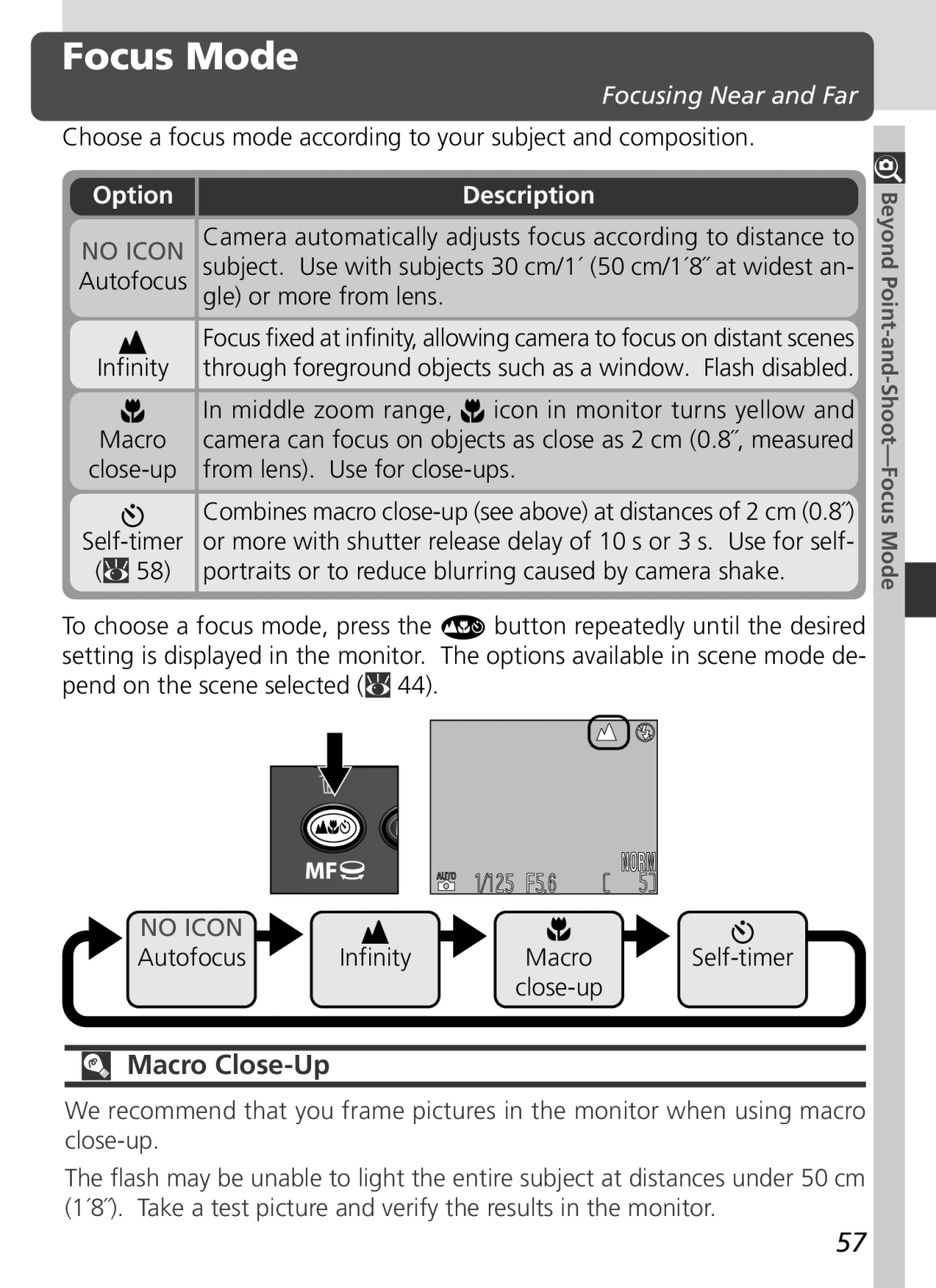 Nikon S2H05000501 manual Focus Mode, Macro Close-Up, Focusing Near and Far, Option Description 