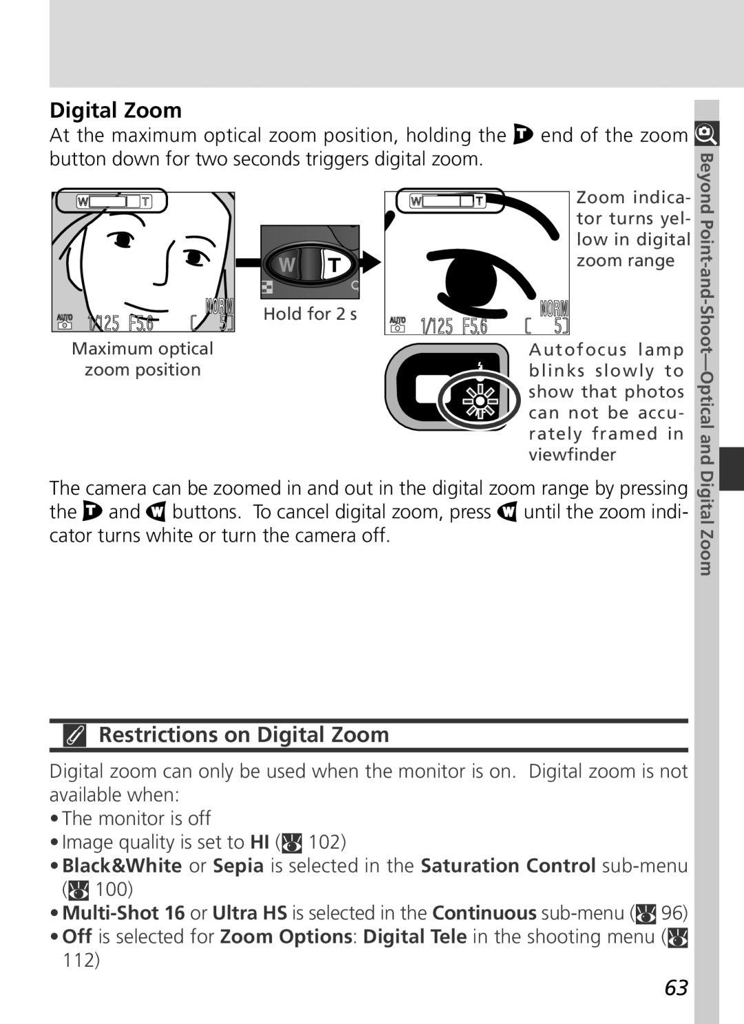 Nikon S2H05000501 manual Restrictions on Digital Zoom 