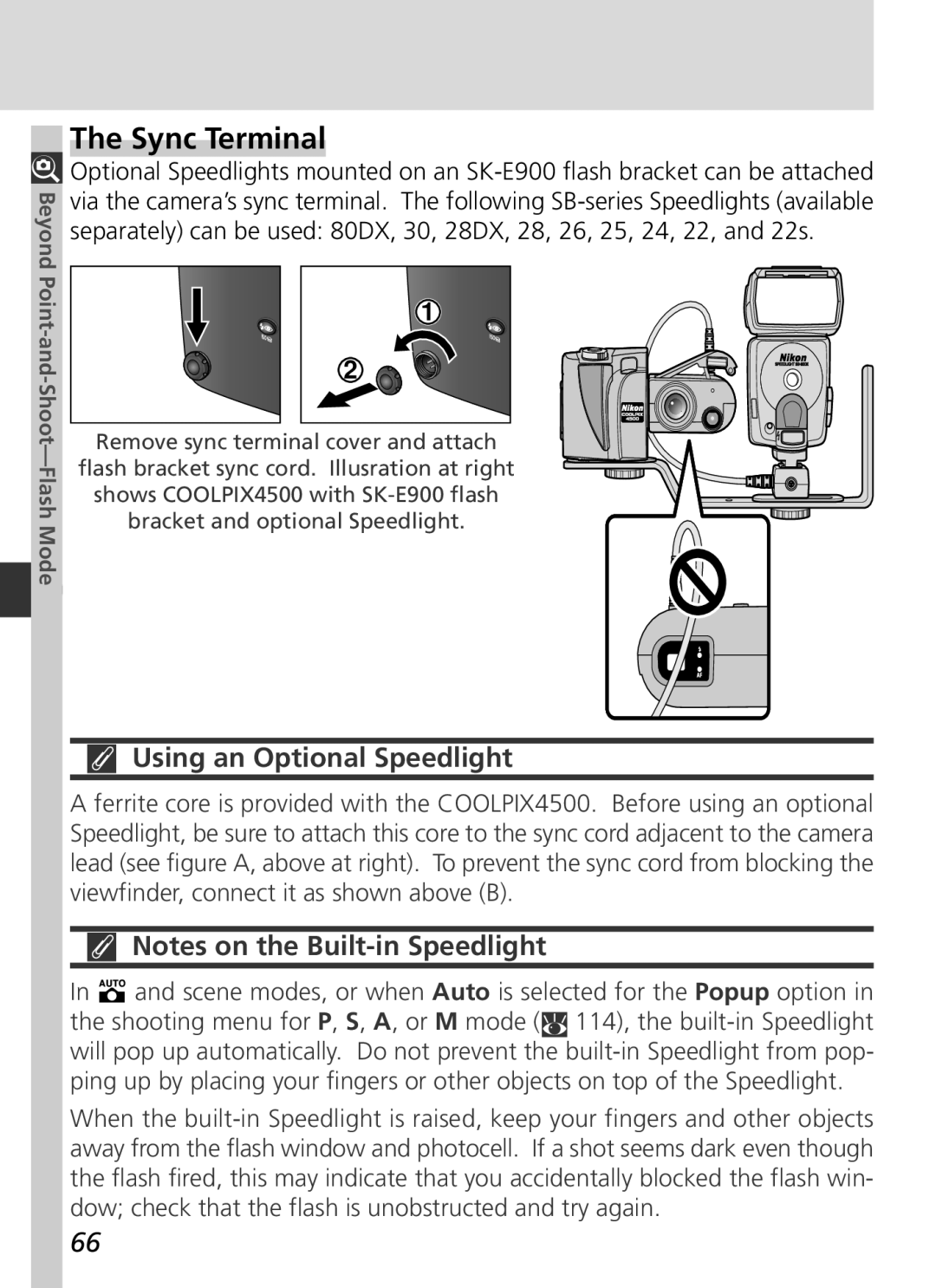 Nikon S2H05000501 manual Sync Terminal, Using an Optional Speedlight 