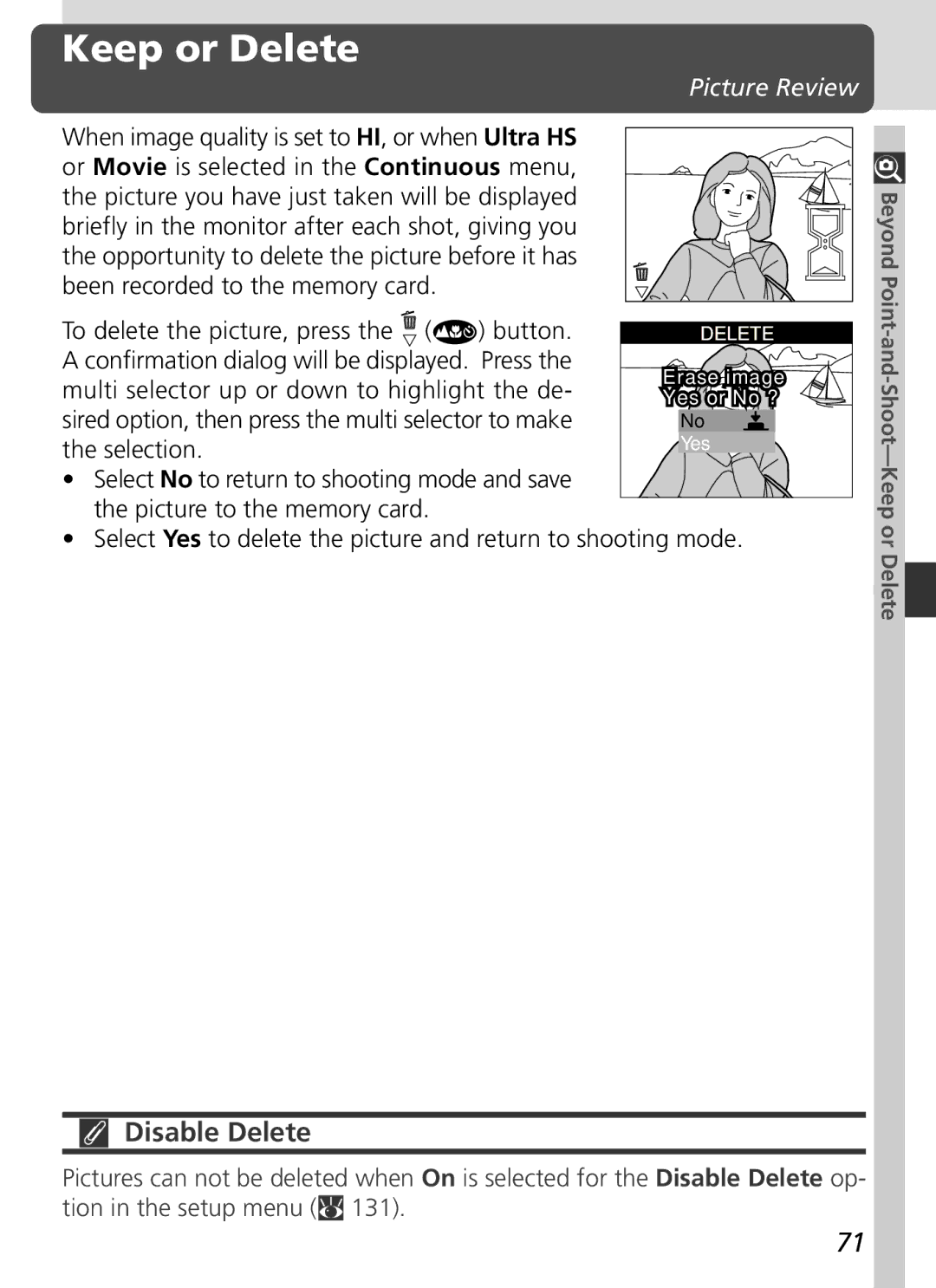 Nikon S2H05000501 manual Keep or Delete, Disable Delete, To delete the picture, press Button 