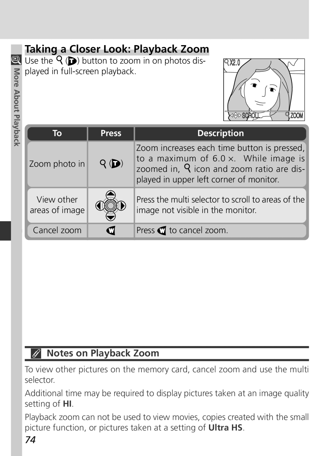Nikon S2H05000501 manual Taking a Closer Look Playback Zoom, Zoom photo View other Areas of image Cancel zoom 