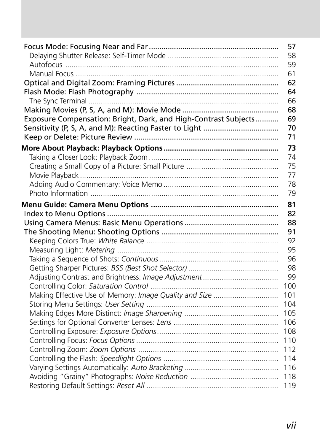 Nikon S2H05000501 manual Vii, Measuring Light Metering 