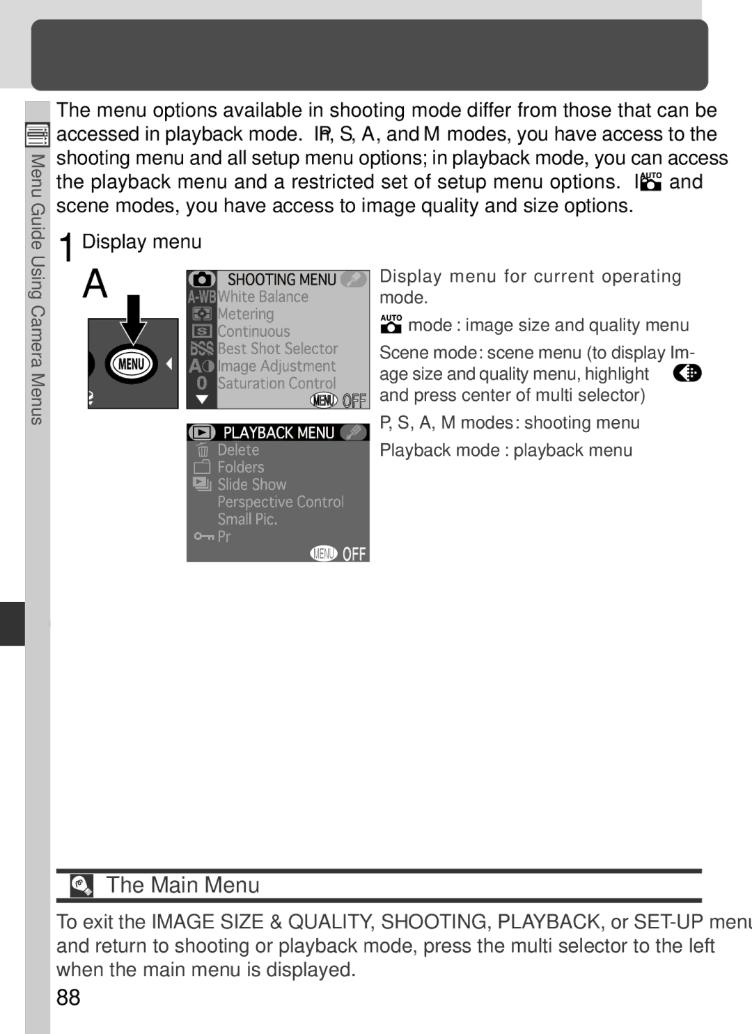 Nikon S2H05000501 manual Using Camera Menus, Main Menu, Basic Menu Operations, Display menu 