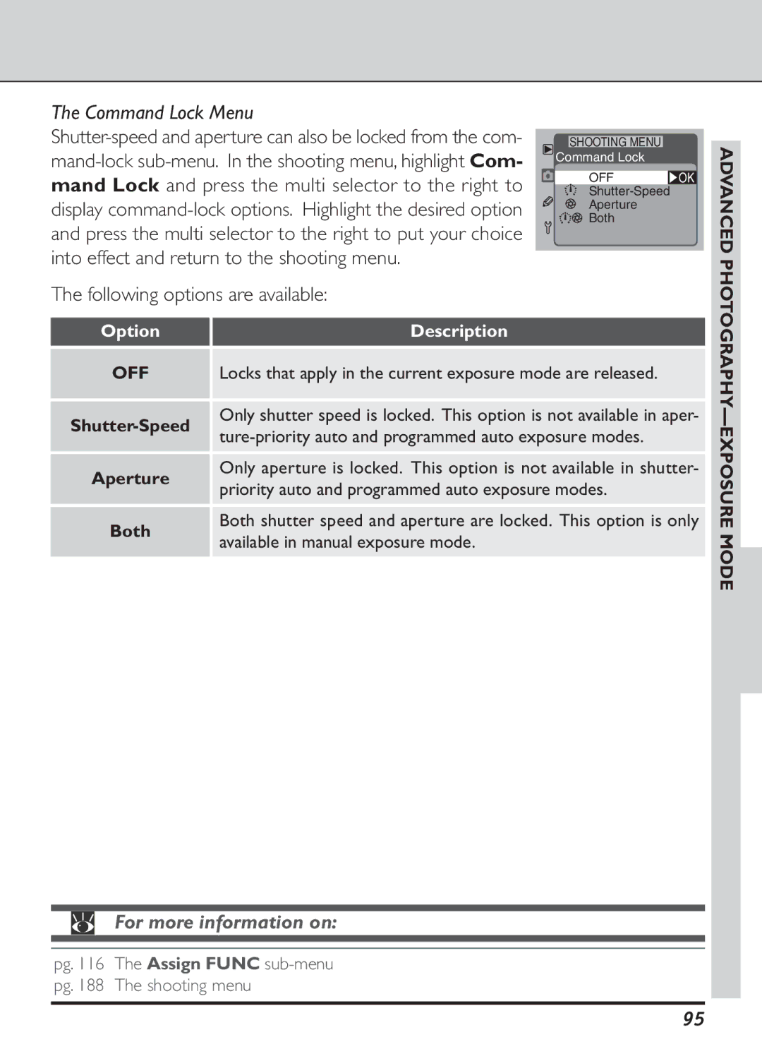 Nikon S2J00200401 user manual Command Lock Menu, Advanced Photo, Off, Both, GRAPHY-EXPOSURE Mode 