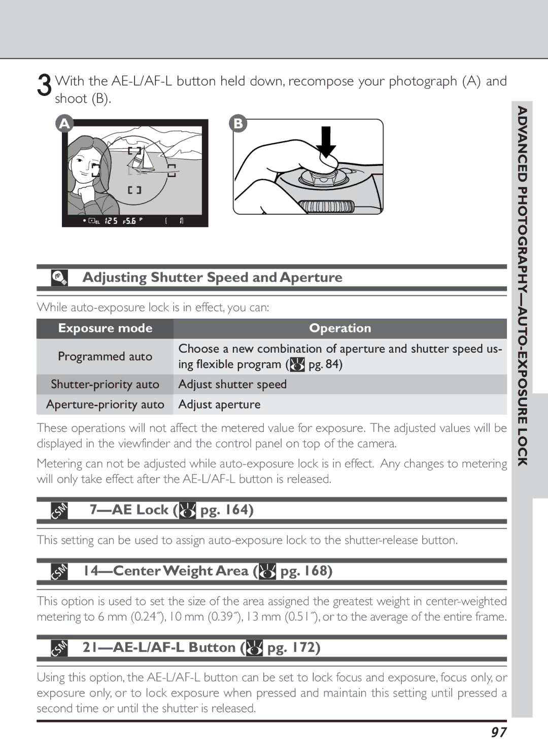 Nikon S2J00200401 Adjusting Shutter Speed and Aperture, AE Lock pg, Operation, Advanced PHOTOGRAPHY-AUTO-EXPOSURE Lock 