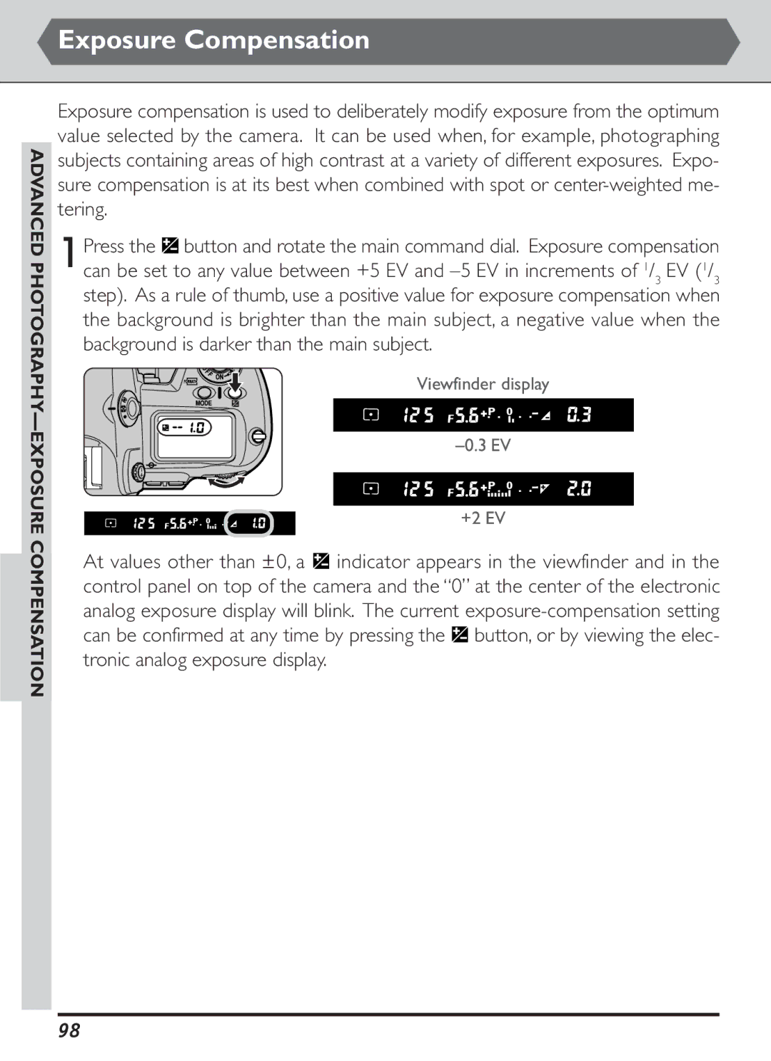 Nikon S2J00200401 user manual Advanced Photography Exposure Compensation 