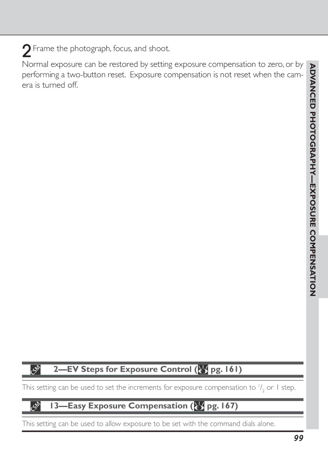 Nikon S2J00200401 user manual Easy Exposure Compensation pg, Advanced PHOTOGRAPHY-EXPOSURE Compensation 