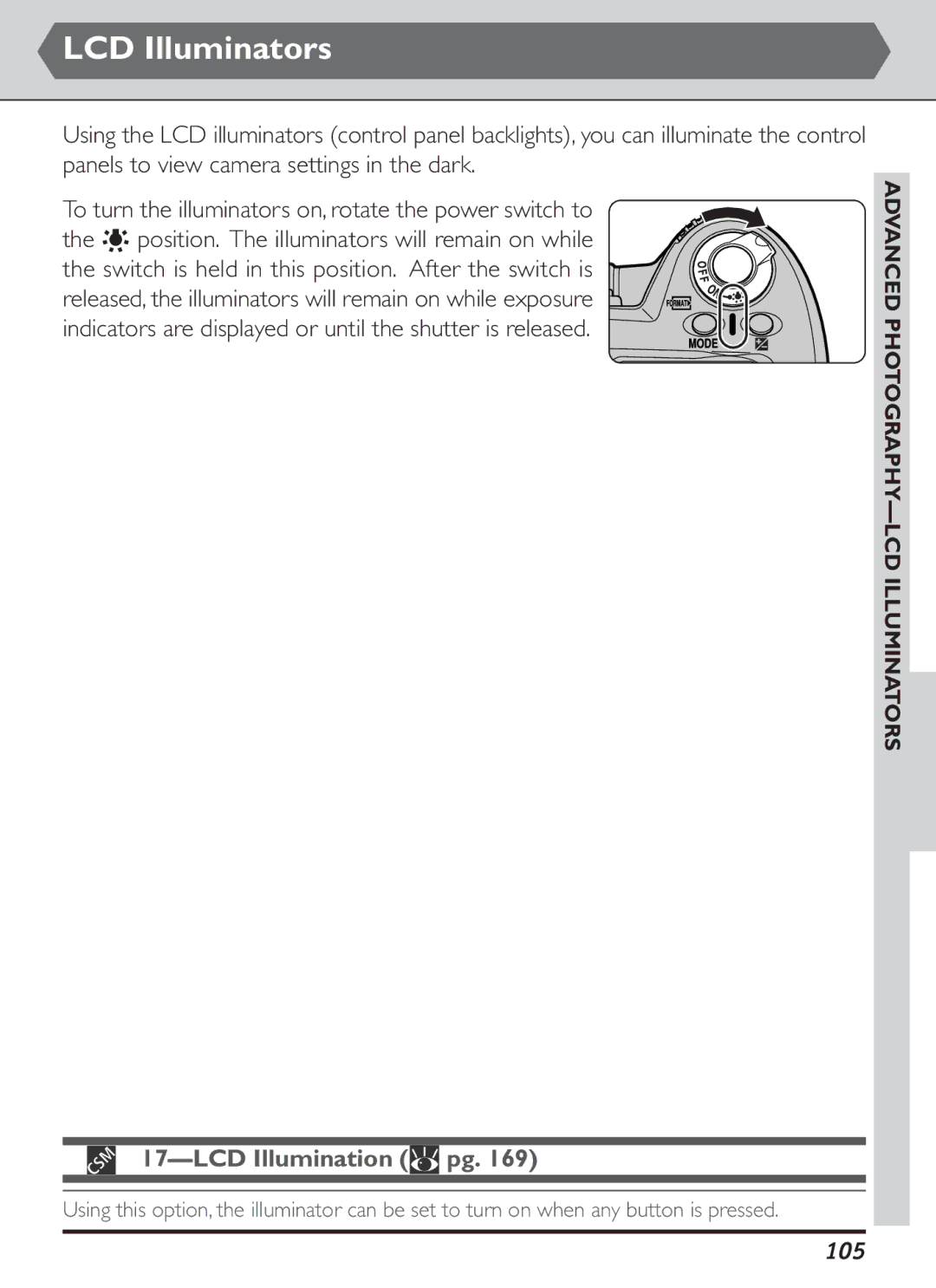 Nikon S2J00200401 user manual LCD Illumination pg, 105, Advanced PHOTOGRAPHY-LCD Illuminators 