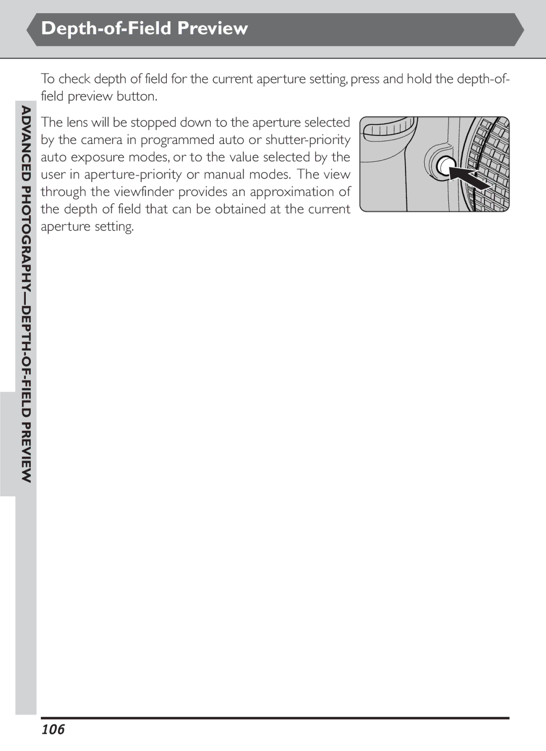 Nikon S2J00200401 user manual Depth-of-Field Preview, 106, Advanced Photography Depth -OF Field Preview 