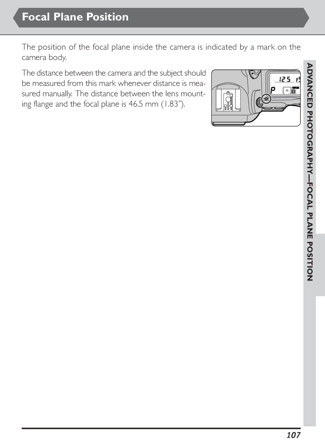 Nikon S2J00200401 user manual Focal Plane Position, 107, Advanced PHOTOGRAPHY-FOCAL Plane Position 