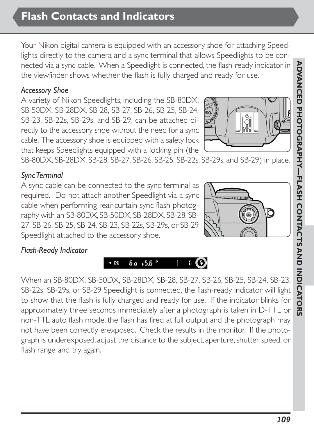 Nikon S2J00200401 user manual Flash Contacts and Indicators, Accessory Shoe, Sync Terminal, Flash-Ready Indicator, 109 