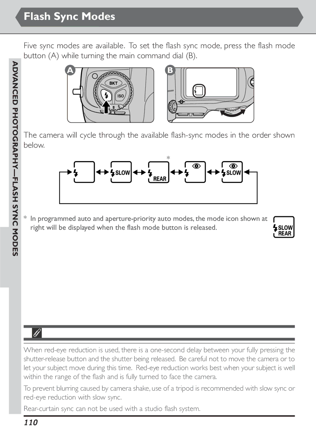 Nikon S2J00200401 user manual 110, Advanced Photography Flash Sync Modes 