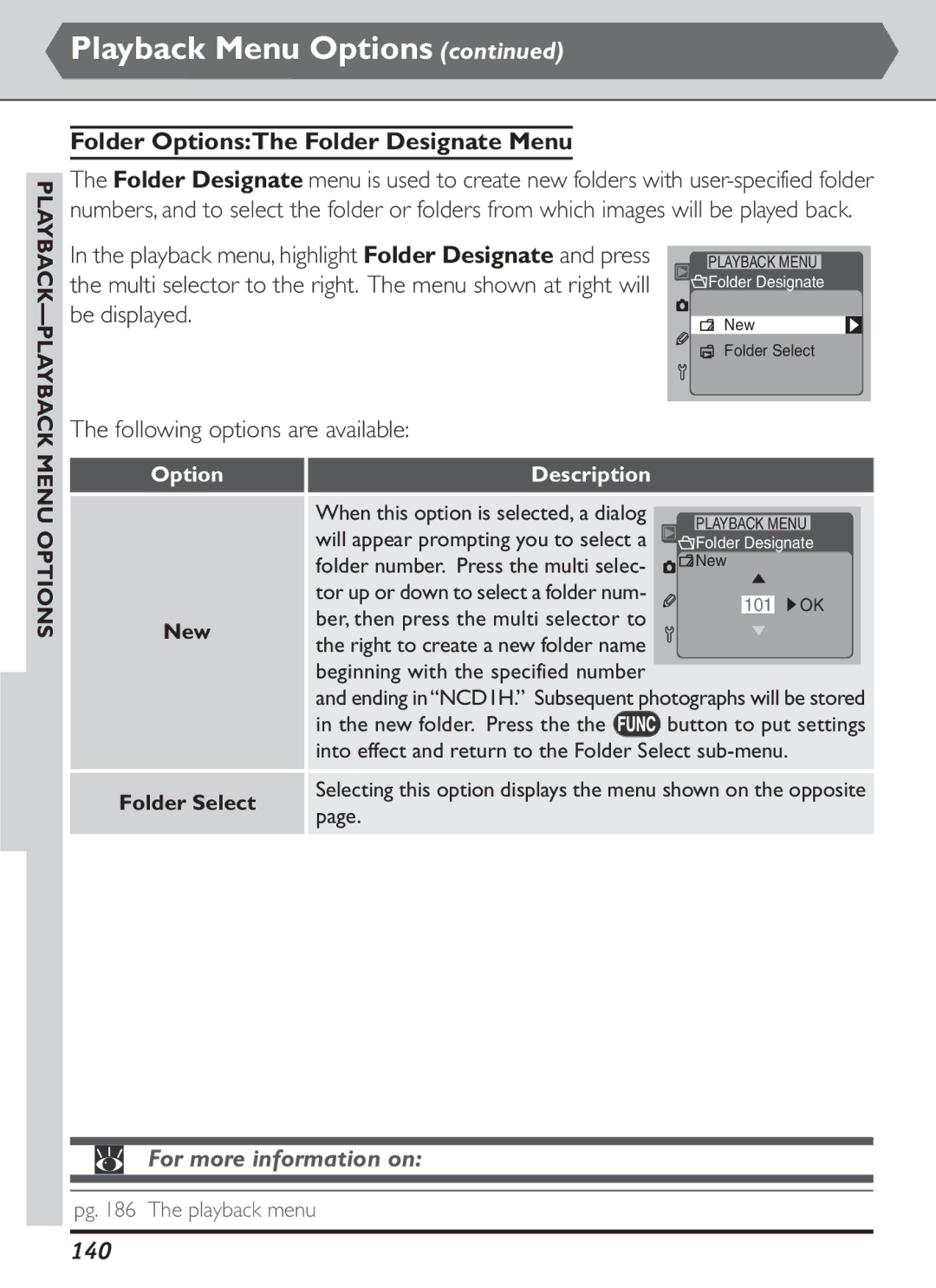 Nikon S2J00200401 user manual Folder OptionsThe Folder Designate Menu, 140, New, Folder Select 