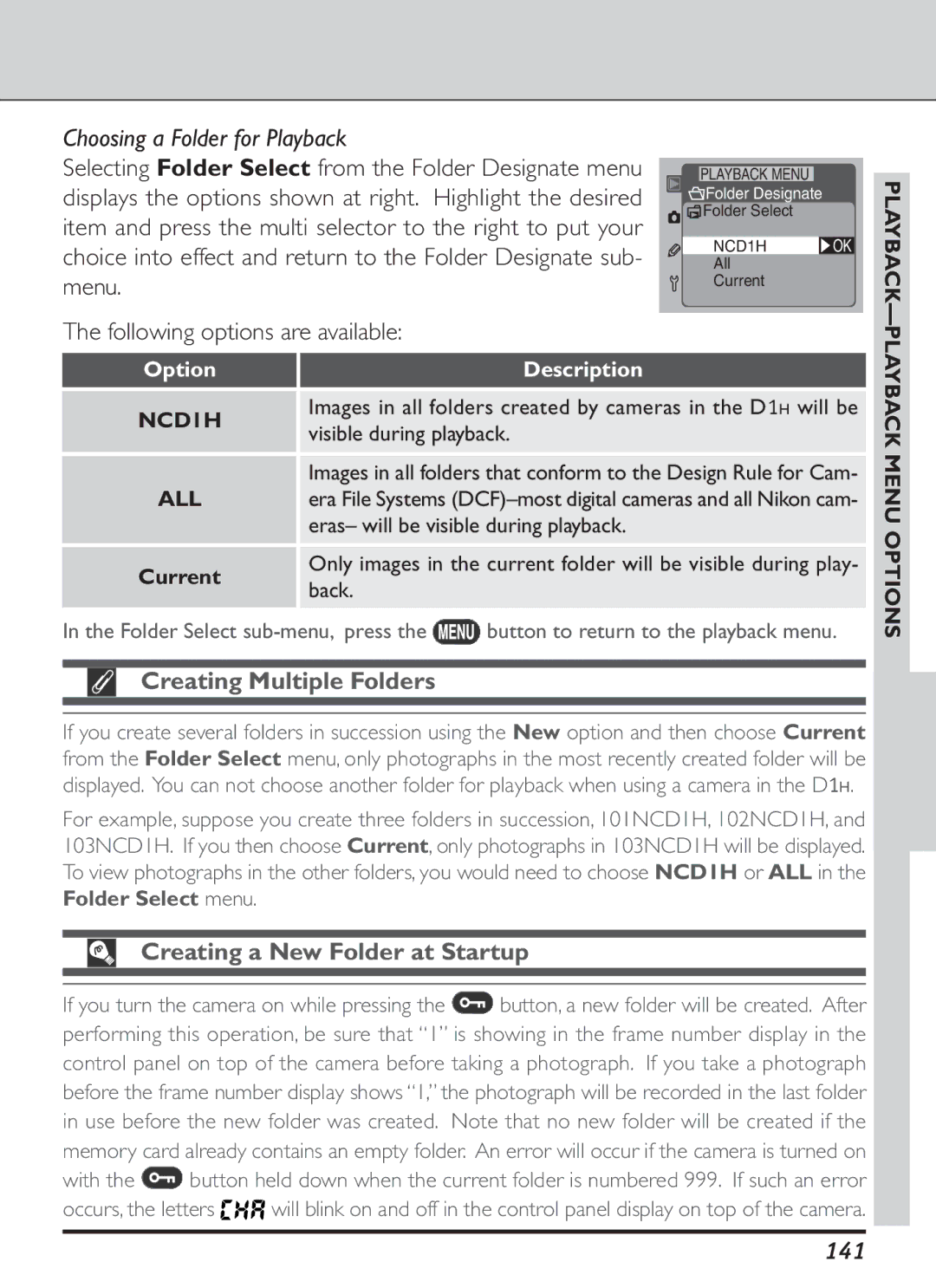 Nikon S2J00200401 Choosing a Folder for Playback, Creating Multiple Folders, Creating a New Folder at Startup, 141, NCD1H 