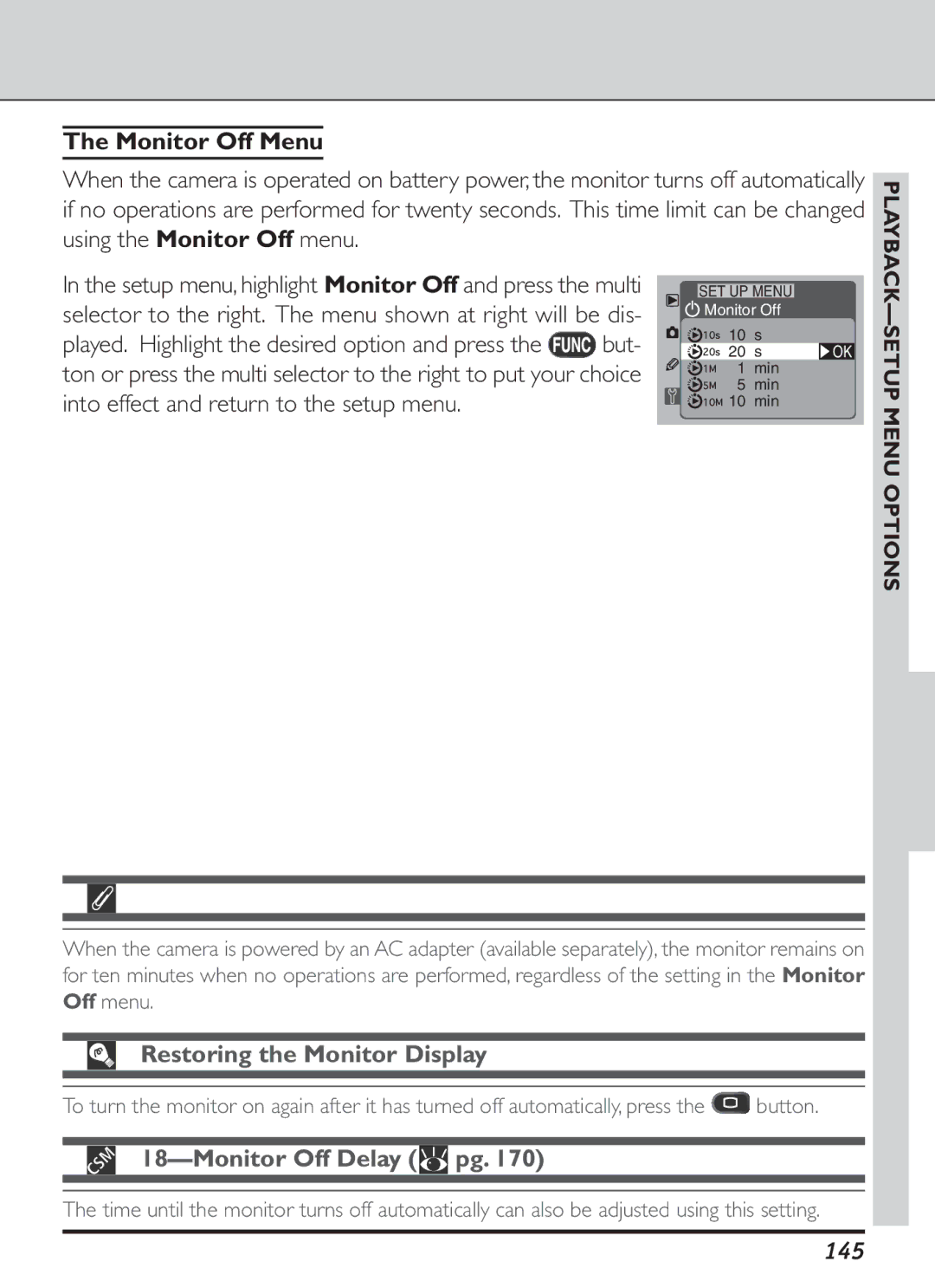 Nikon S2J00200401 user manual Monitor Off Menu, Restoring the Monitor Display, 145, Setup Menu Options 