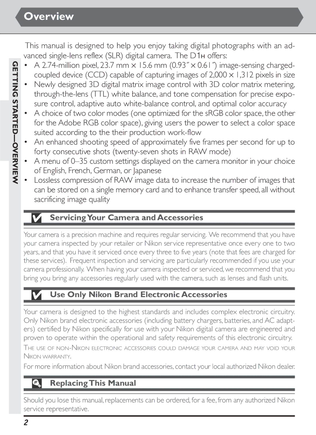 Nikon S2J00200401 user manual Overview, Servicing Your Camera and Accessories, Use Only Nikon Brand Electronic Accessories 