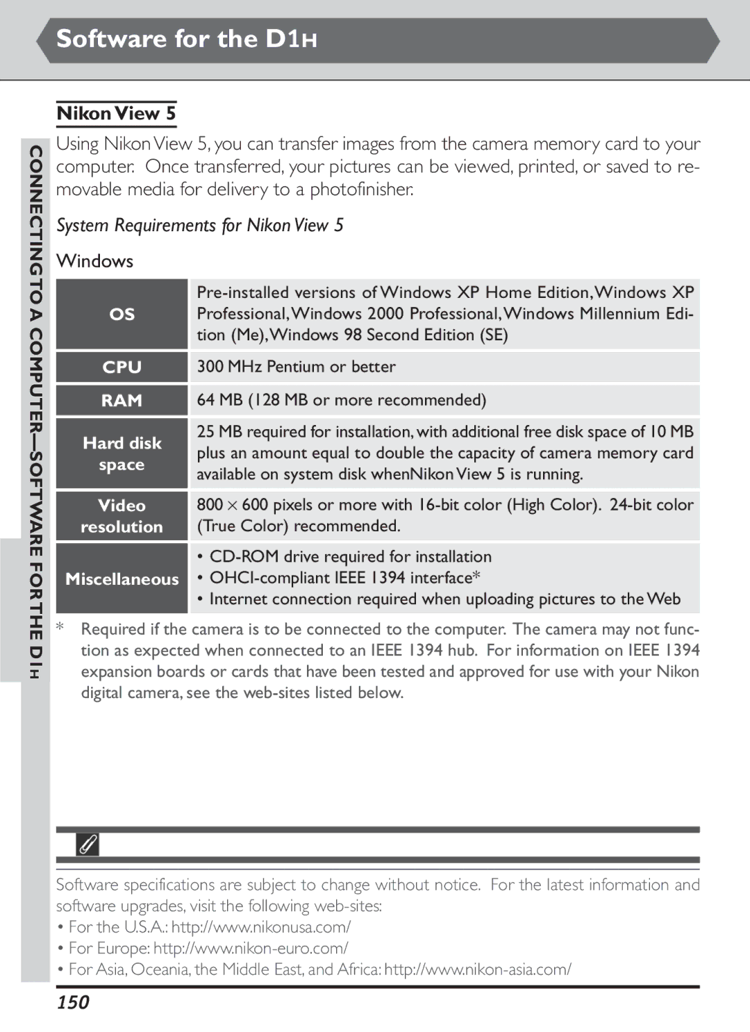 Nikon S2J00200401 user manual Software for the D1H, System Requirements for Nikon View, Windows, 150 