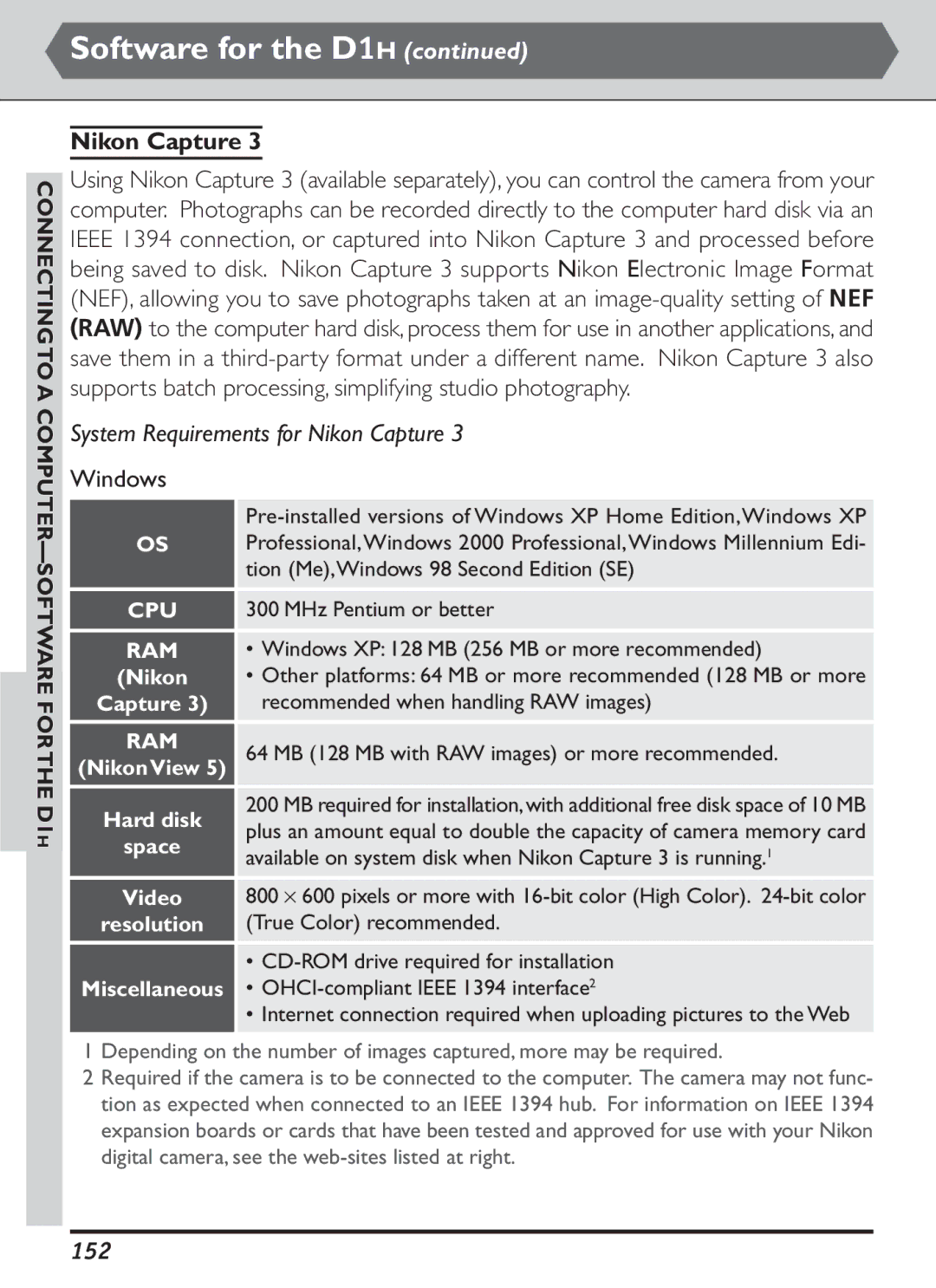 Nikon S2J00200401 user manual System Requirements for Nikon Capture, 152, Connecting to a 