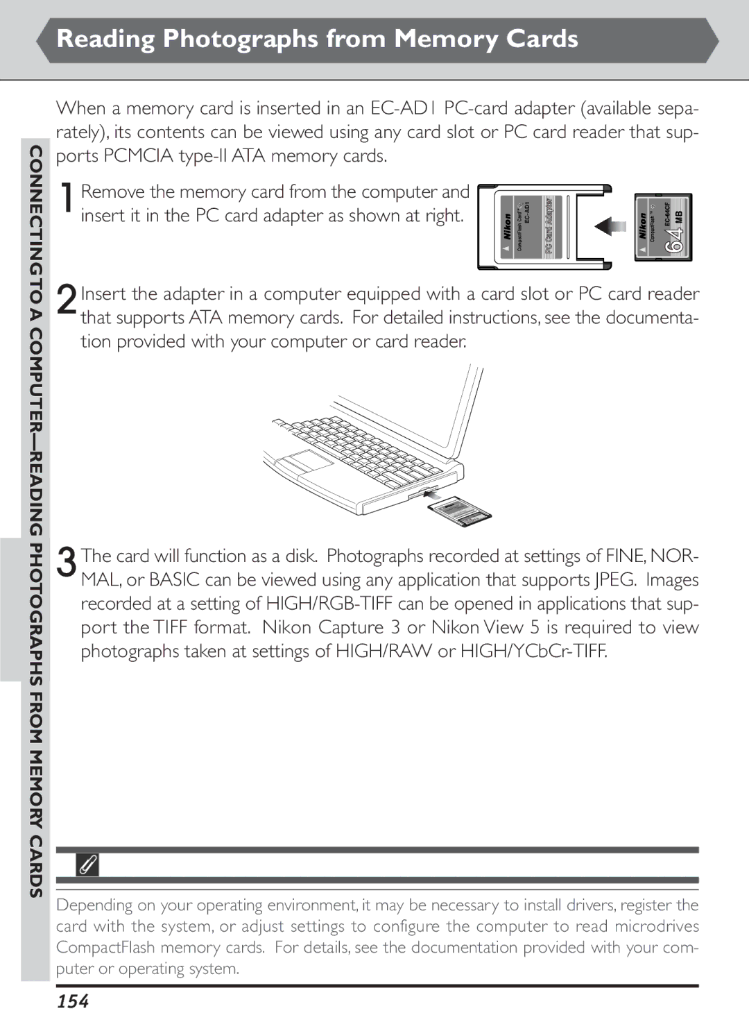 Nikon S2J00200401 user manual Reading Photographs from Memory Cards, 154, Remove the memory card from the computer 