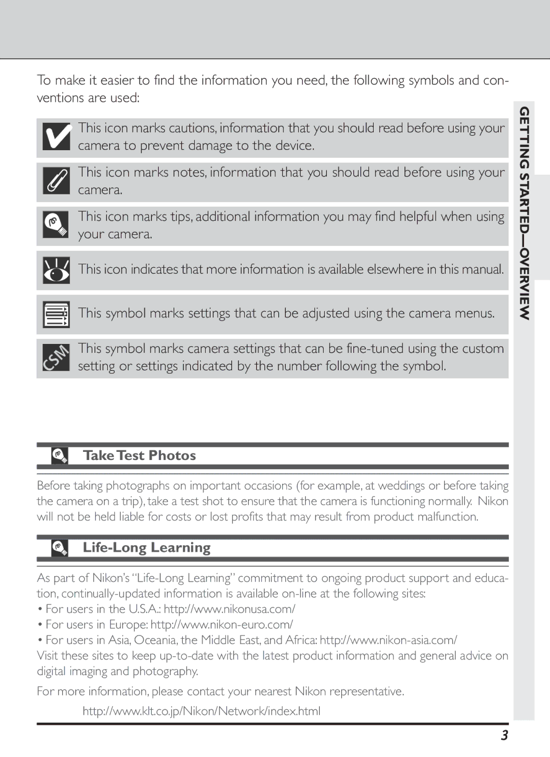 Nikon S2J00200401 user manual Take Test Photos, Life-Long Learning, Getting STARTED-OVERVIEW 