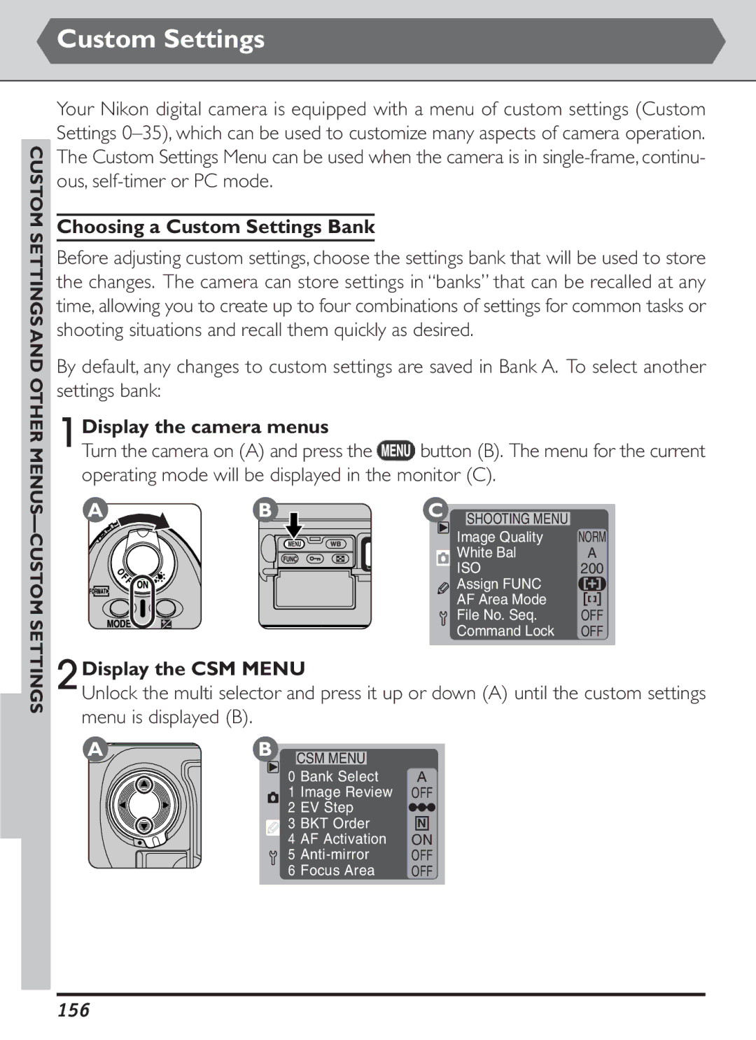 Nikon S2J00200401 user manual Choosing a Custom Settings Bank, 2Display the CSM Menu, 156 