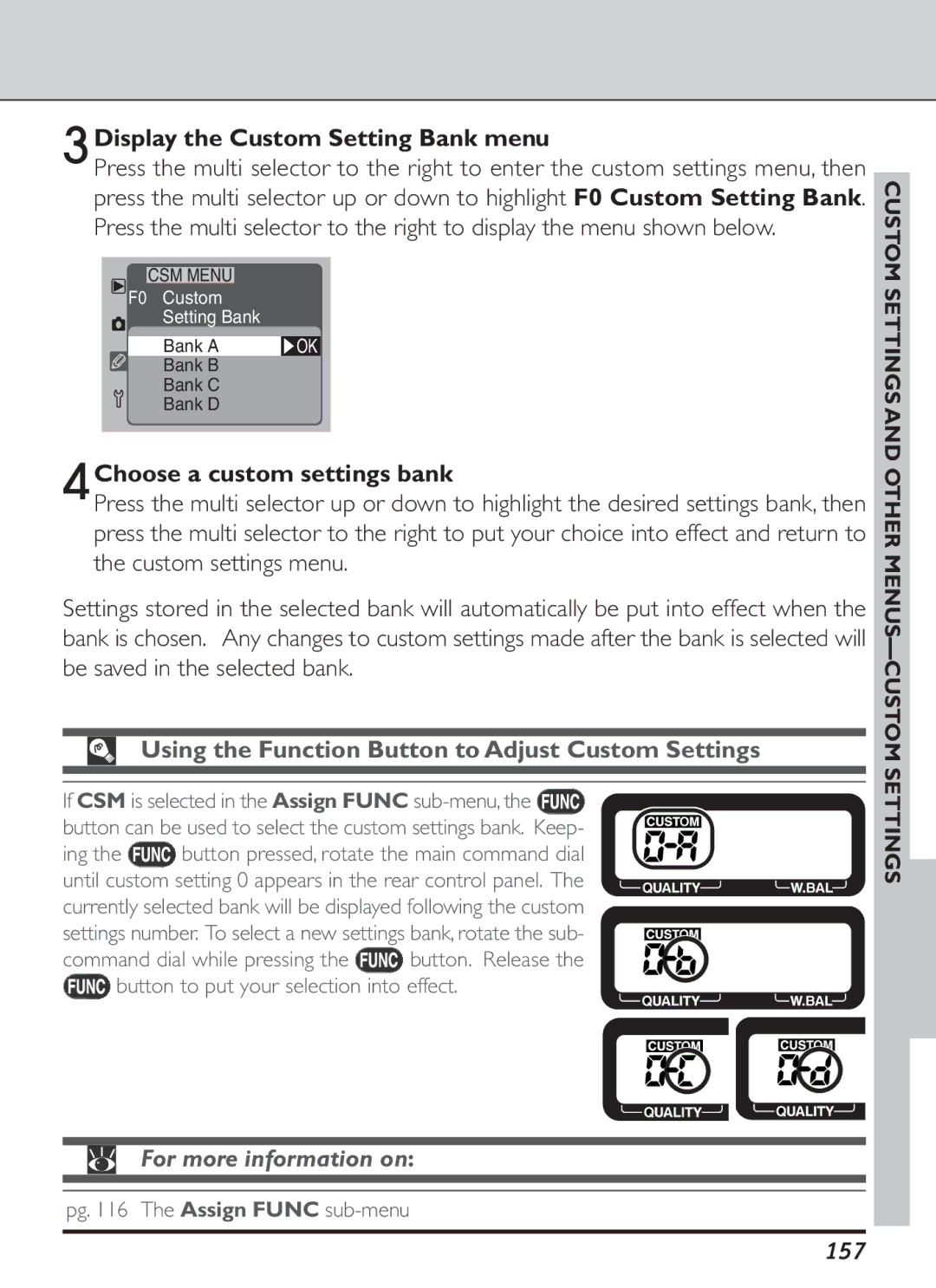 Nikon S2J00200401 user manual 3Display the Custom Setting Bank menu, 4Choose a custom settings bank, 157 