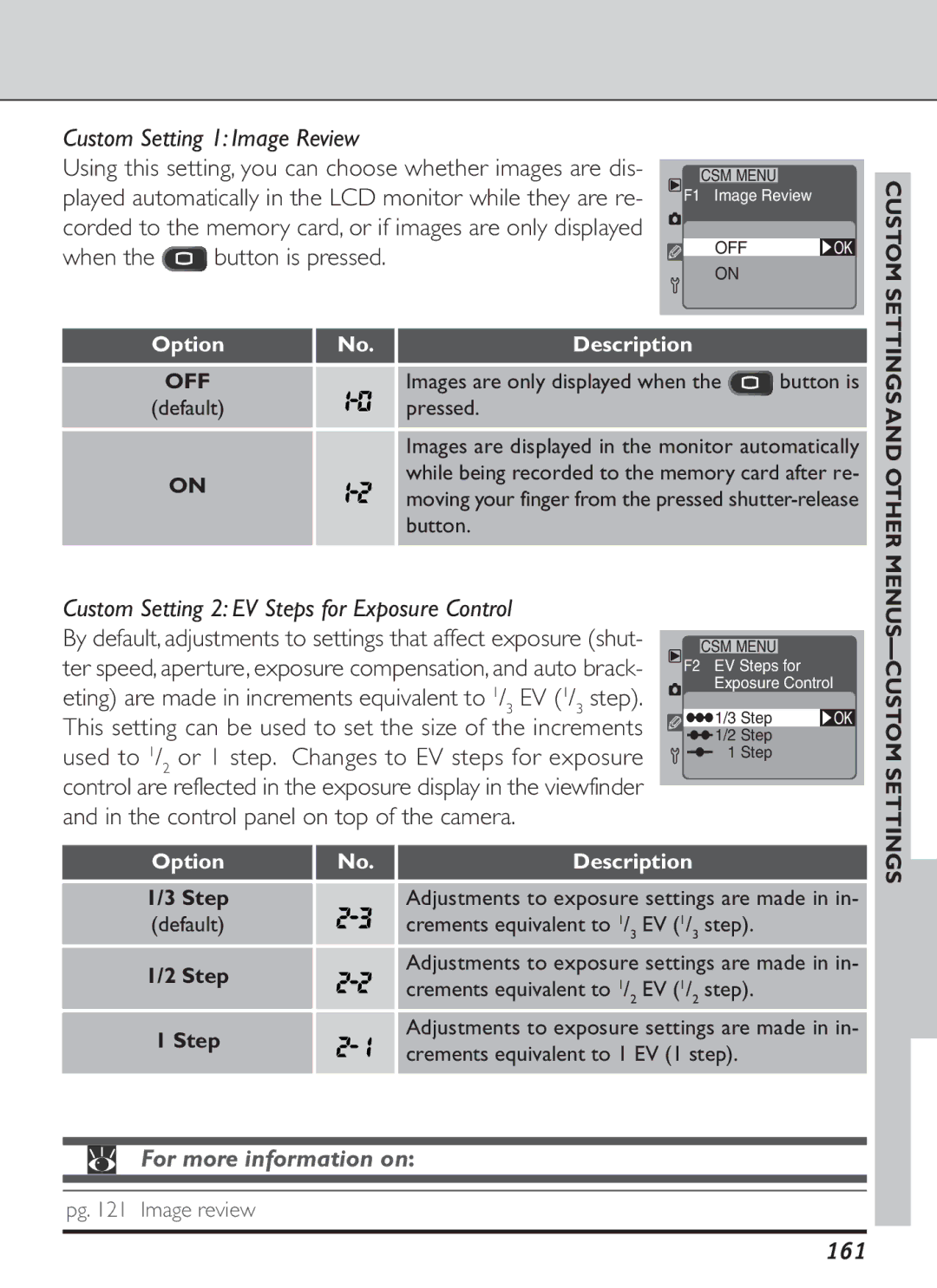 Nikon S2J00200401 user manual Custom Setting 1 Image Review, When, Custom Setting 2 EV Steps for Exposure Control, 161 