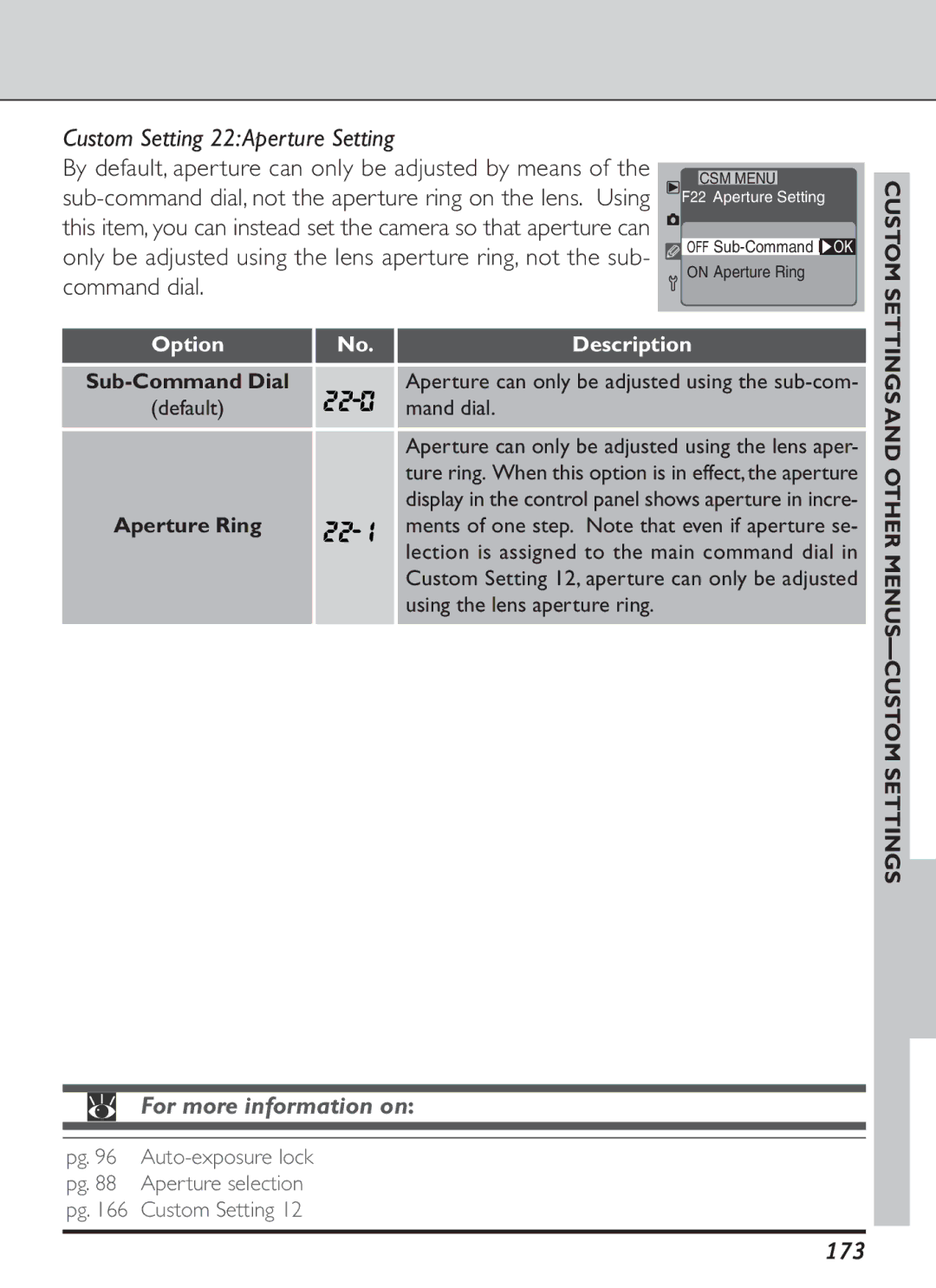 Nikon S2J00200401 user manual Custom Setting 22Aperture Setting, 173, Mand dial 