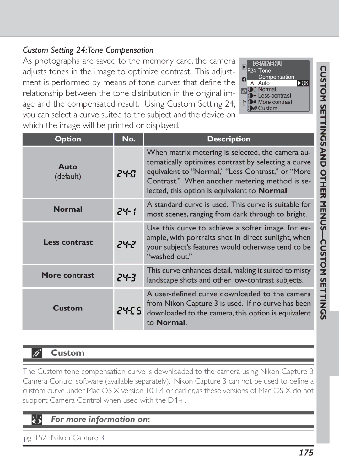 Nikon S2J00200401 user manual Custom Setting 24Tone Compensation, 175, To Normal, Other MENUS-CUSTOM Settings 