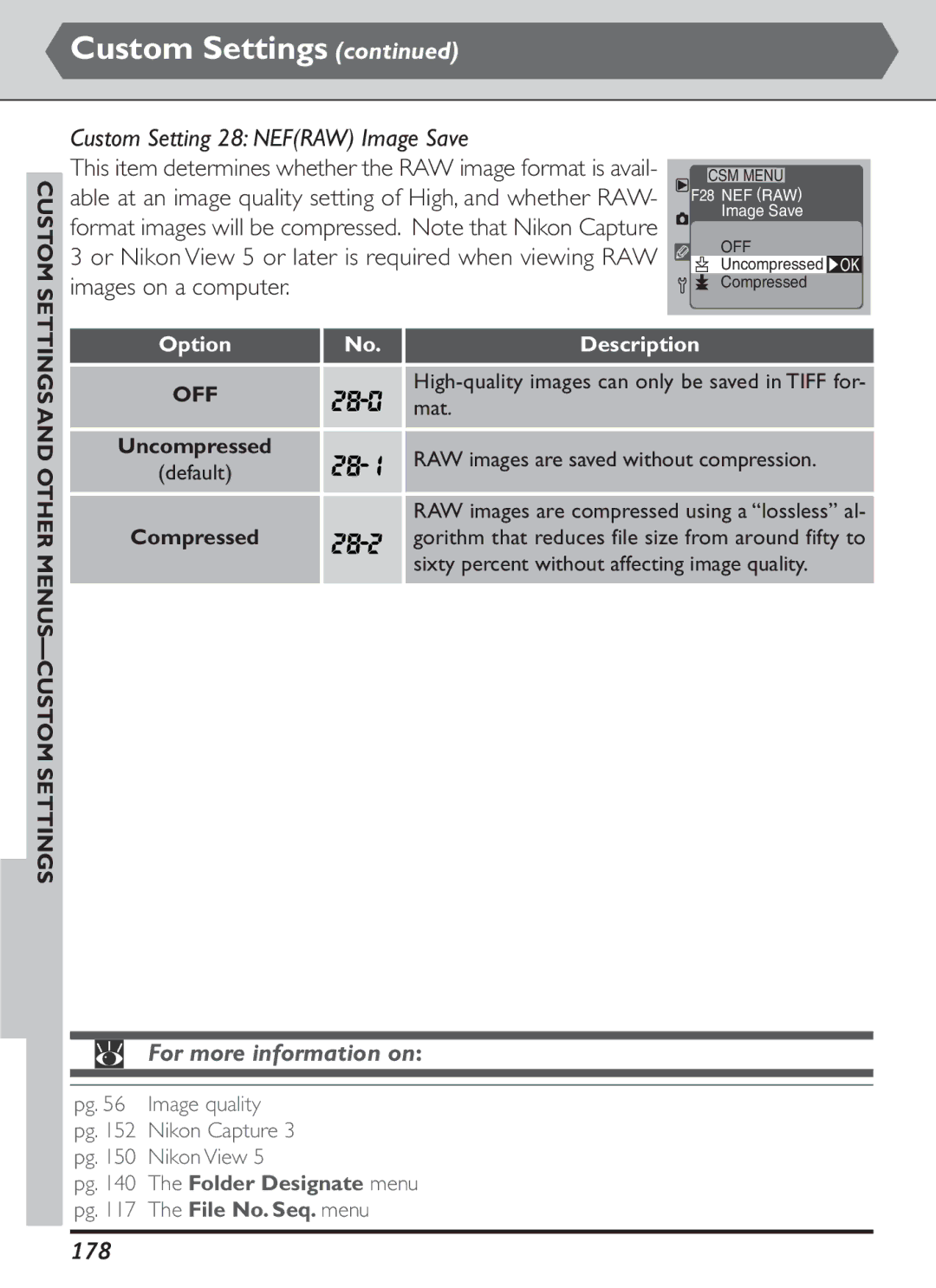 Nikon S2J00200401 user manual Custom Setting 28 Nefraw Image Save, 178, Mat, RAW images are saved without compression 