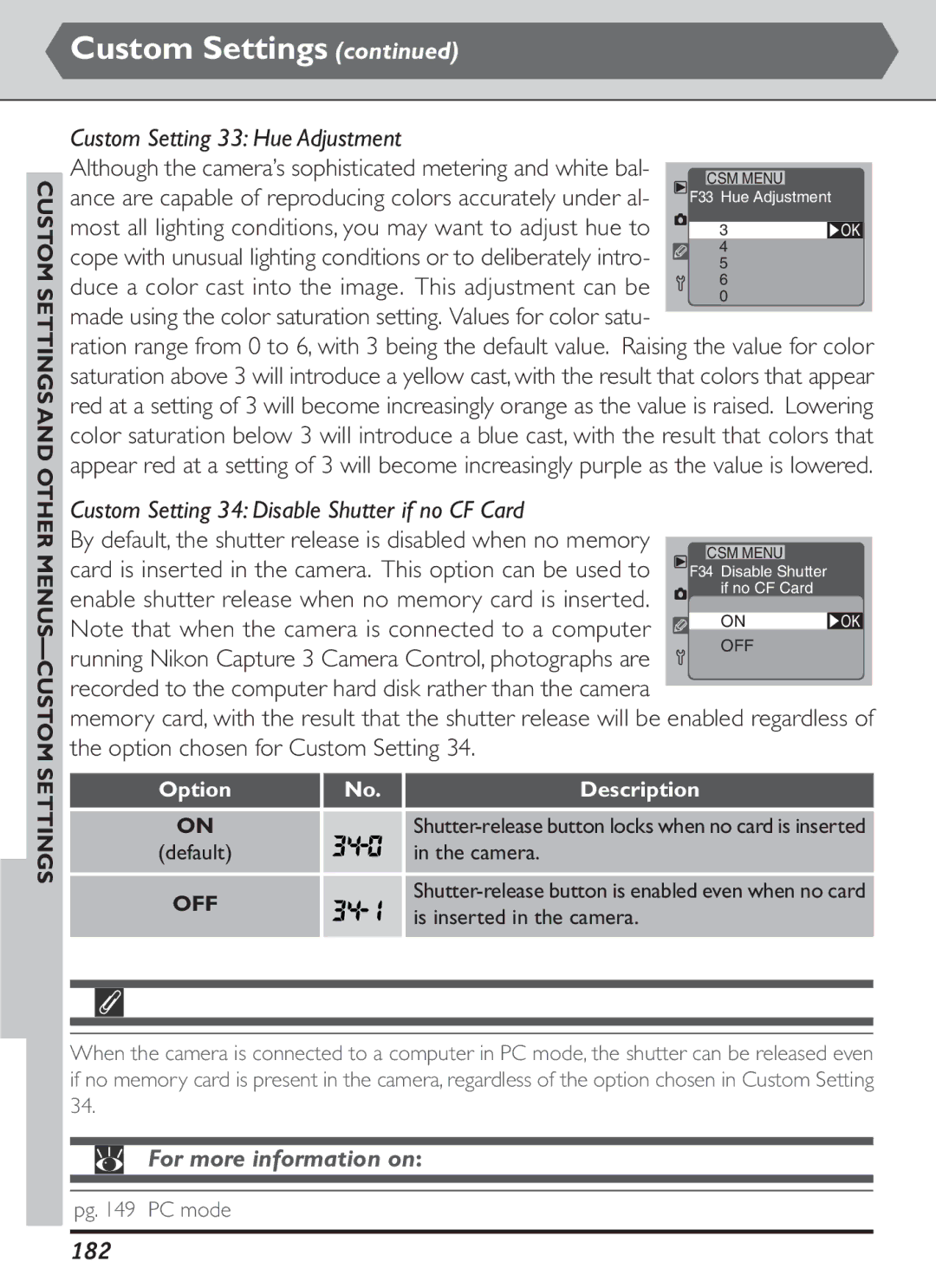 Nikon S2J00200401 user manual Custom Setting 33 Hue Adjustment, Custom Setting 34 Disable Shutter if no CF Card, 182 