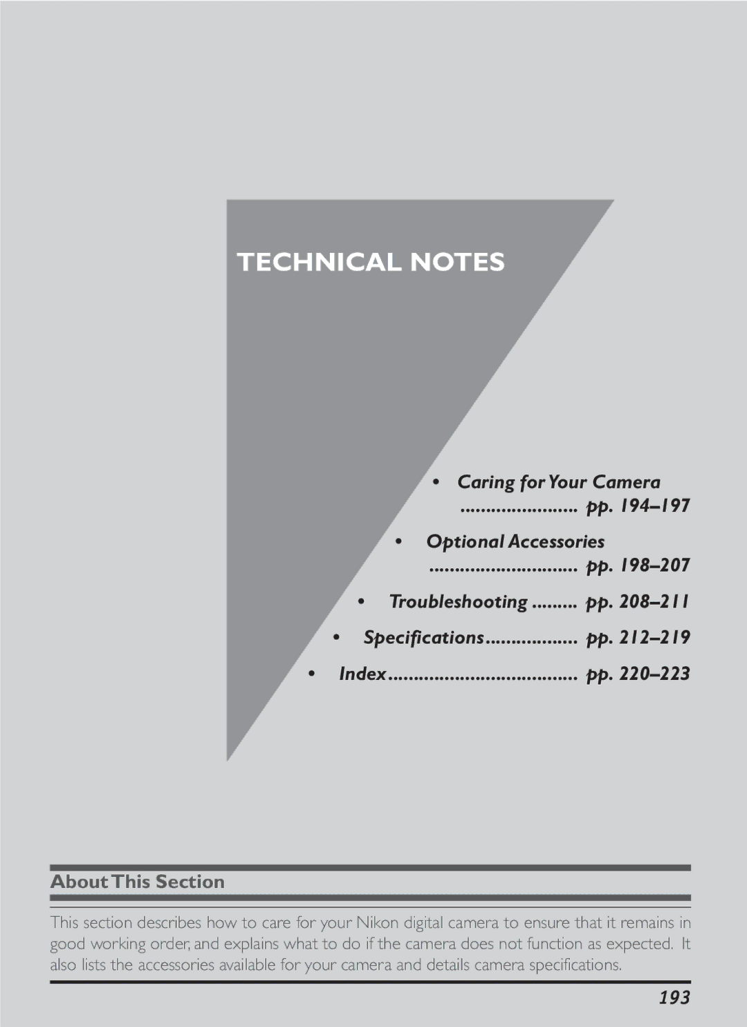 Nikon S2J00200401 user manual Technical Notes, 193 